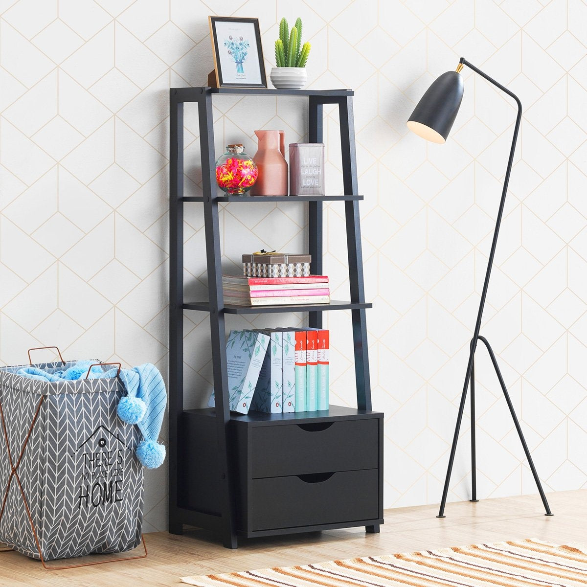 Bookshelf 4-Tier Modern Wooden Shelf Ladder Shelf with Drawers Bathroom Shelf Black