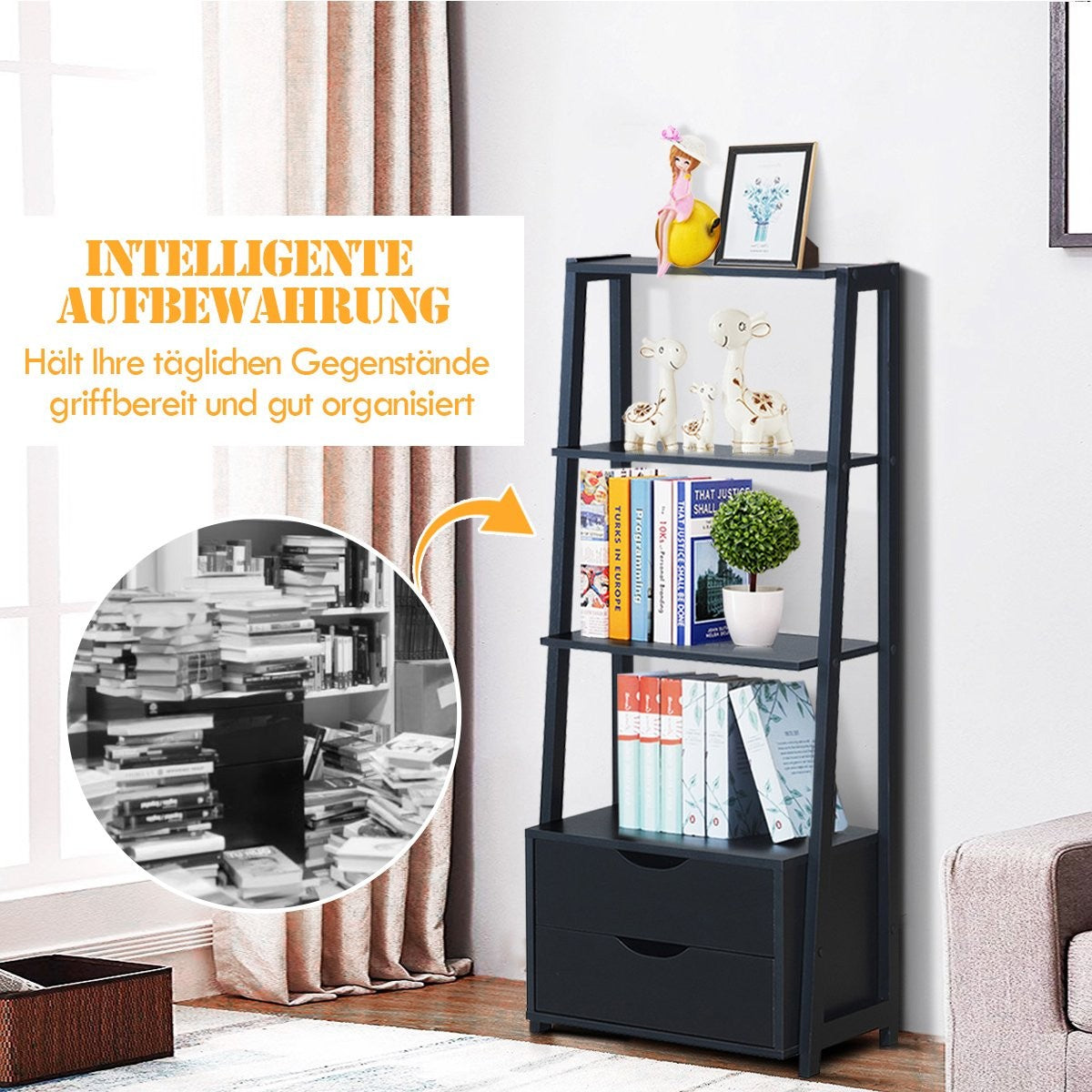 Bookshelf 4-Tier Modern Wooden Shelf Ladder Shelf with Drawers Bathroom Shelf Black