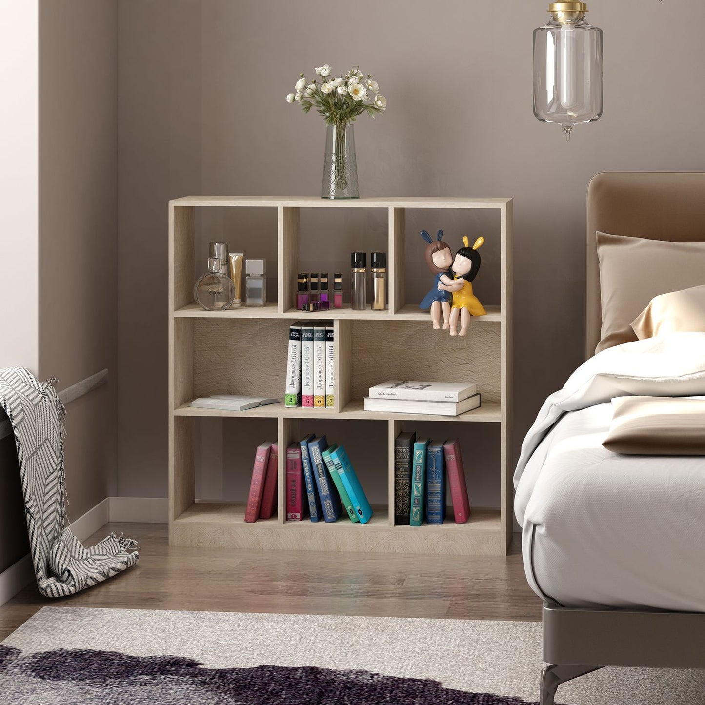 Bookshelf 3-layer natural wood storage for home/office