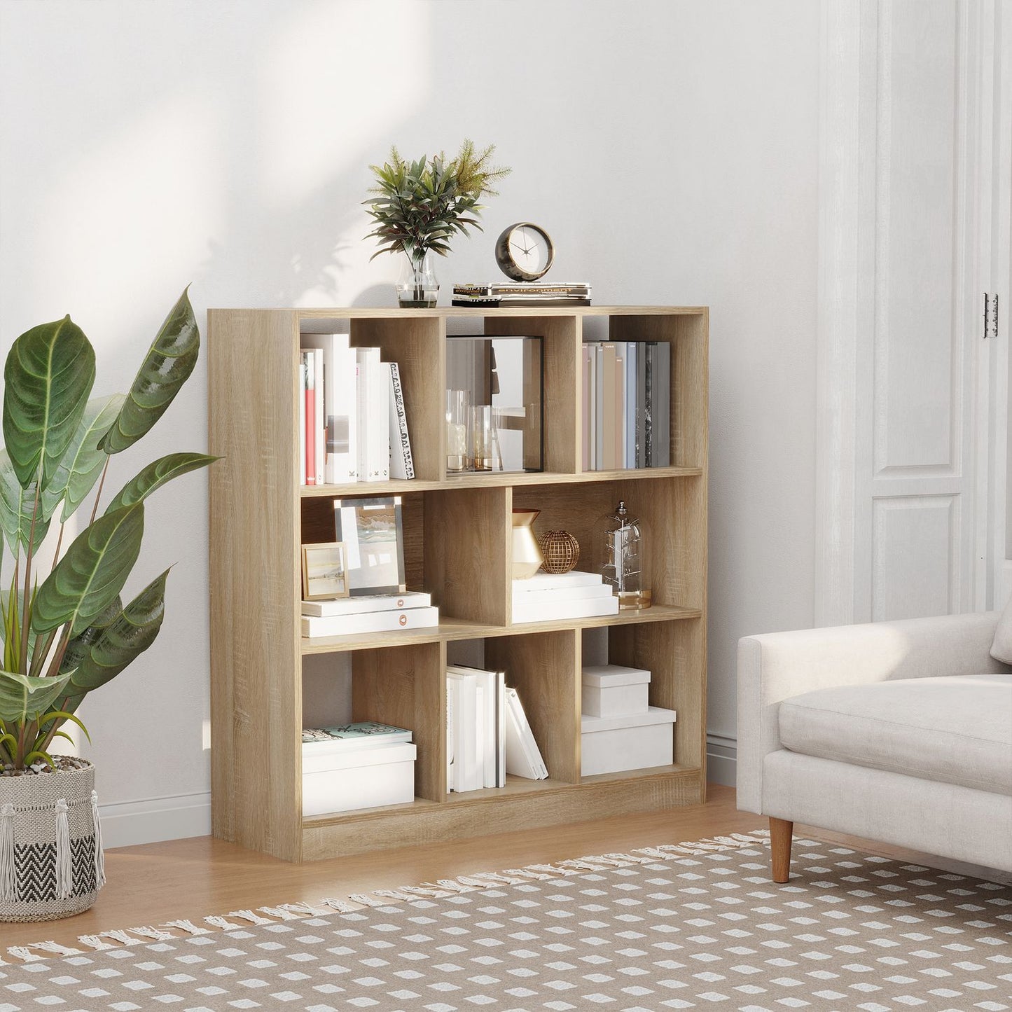 Bookshelf 3-layer natural wood storage for home/office