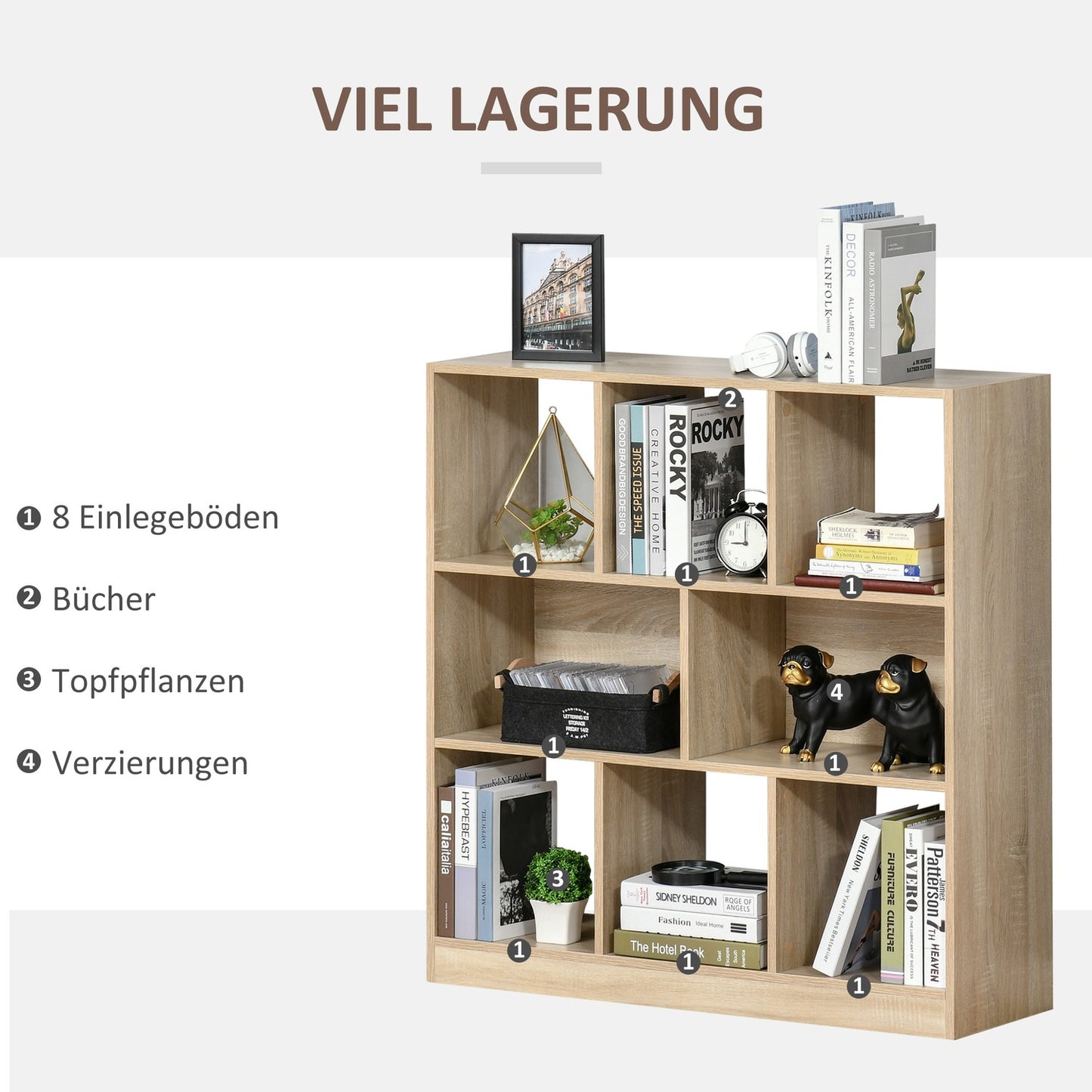 Bookshelf 3-layer natural wood storage for home/office