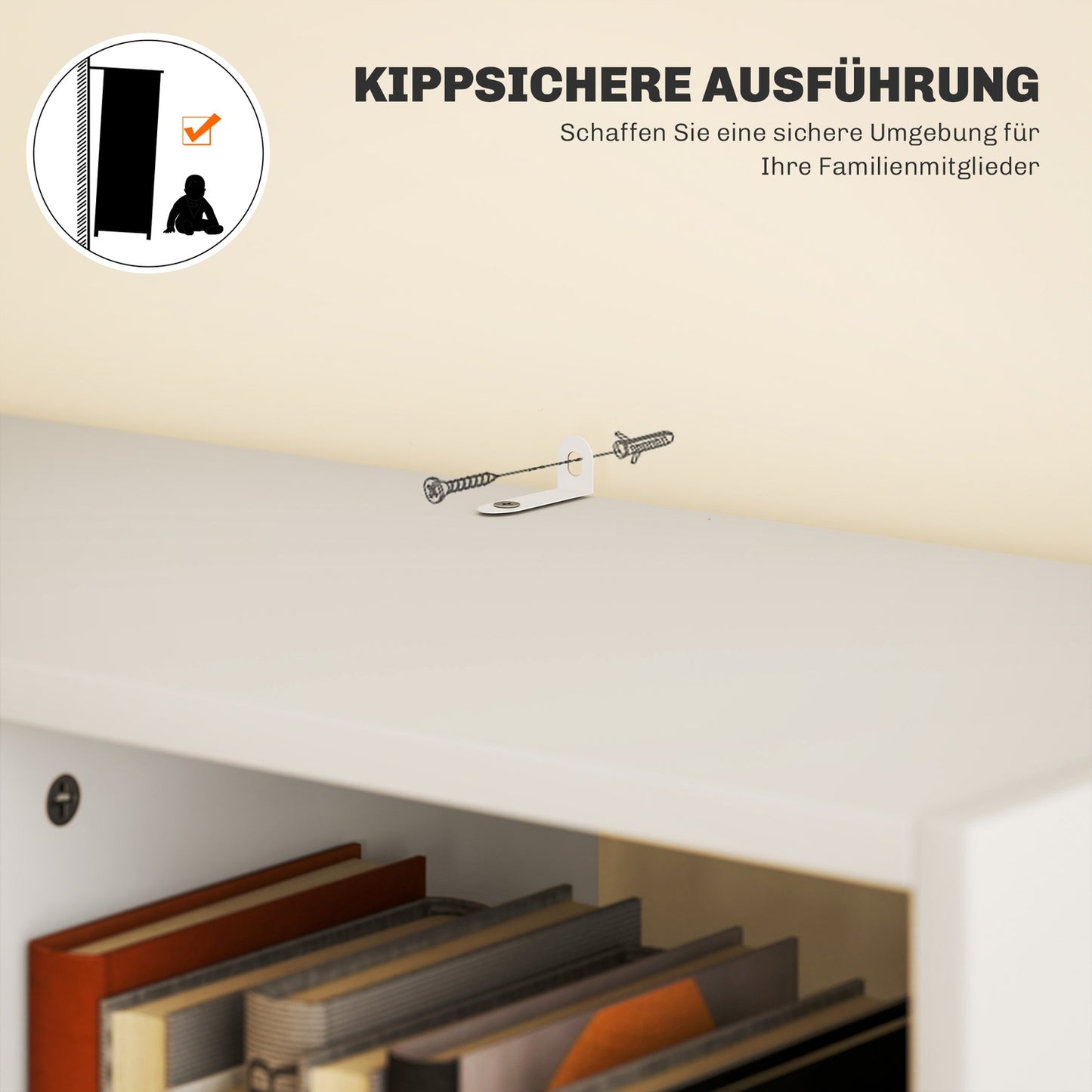 White 9-shelf bookcase with drawer and anti-tilt safety