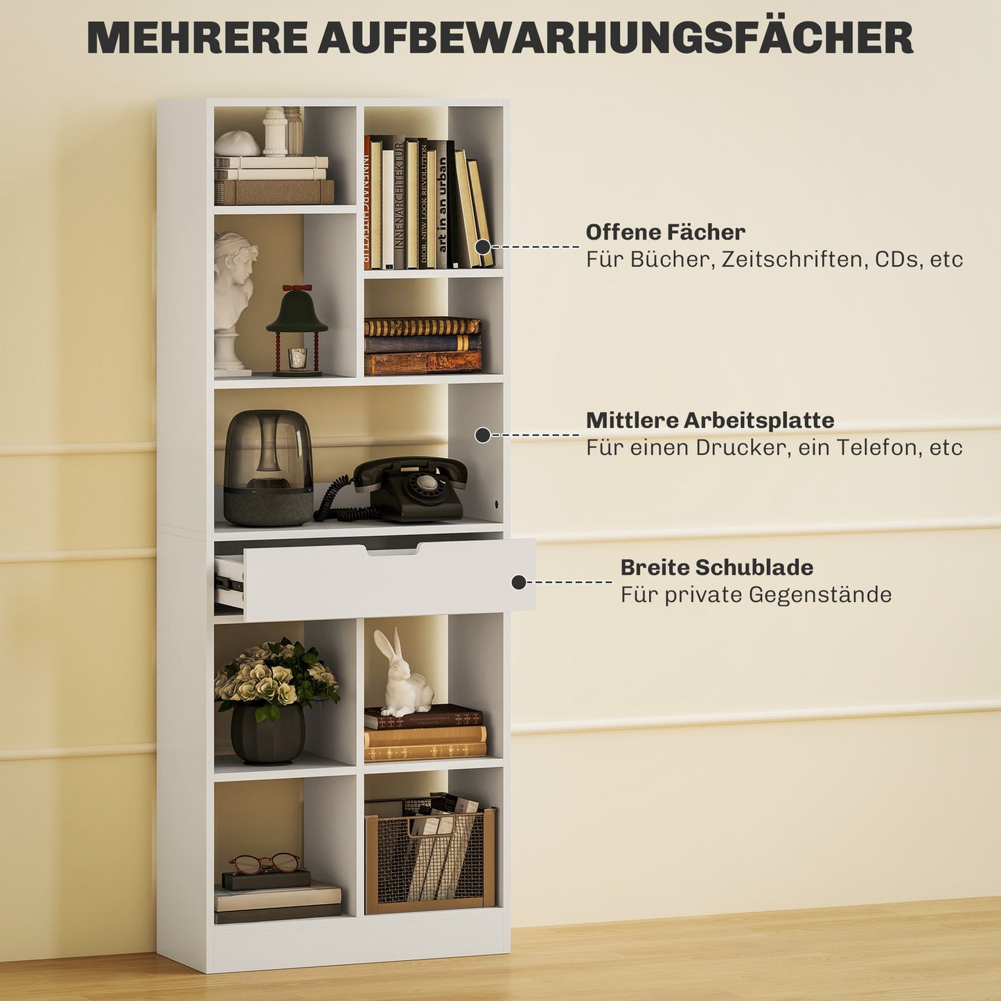 White 9-shelf bookcase with drawer and anti-tilt safety