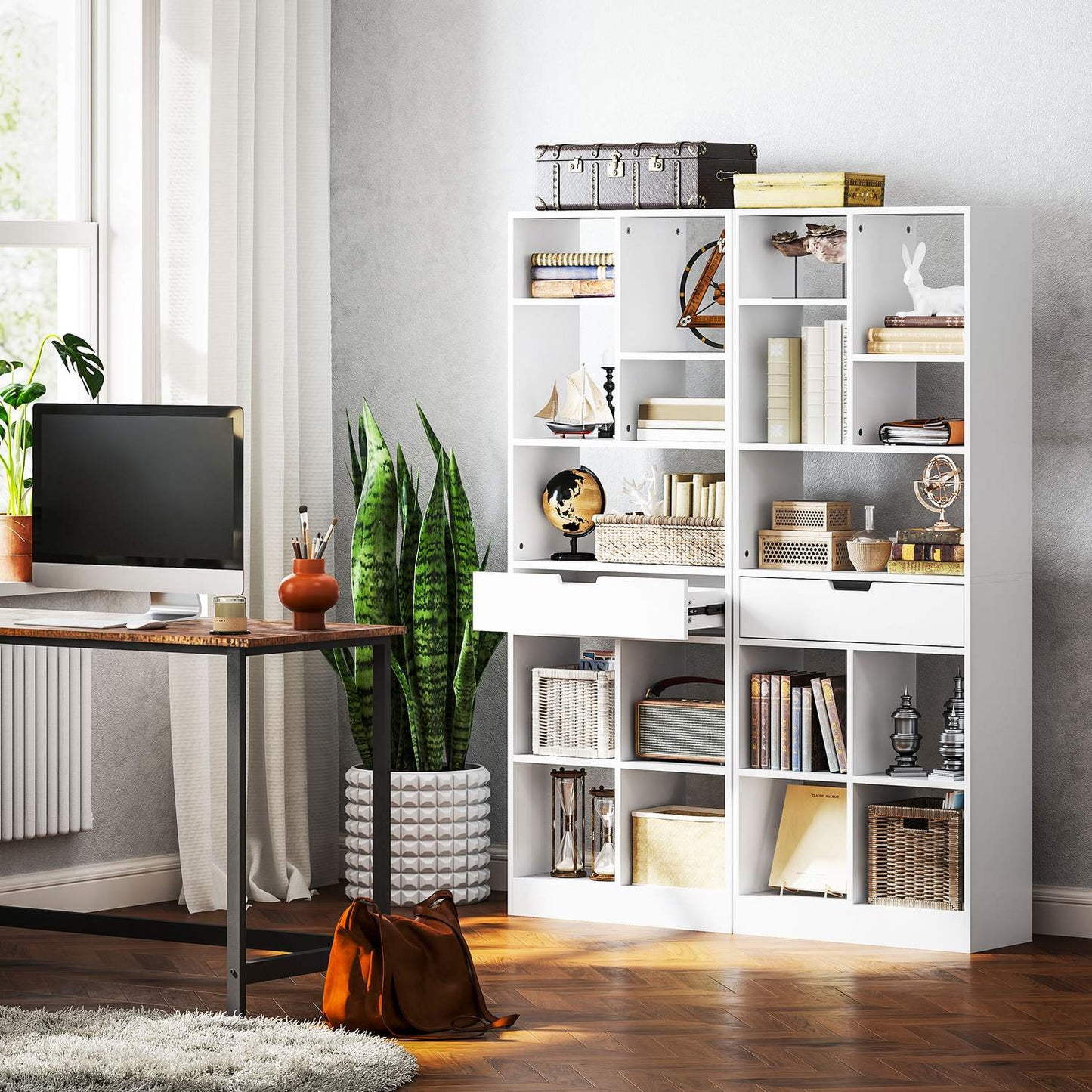 White 9-shelf bookcase with drawer and anti-tilt safety