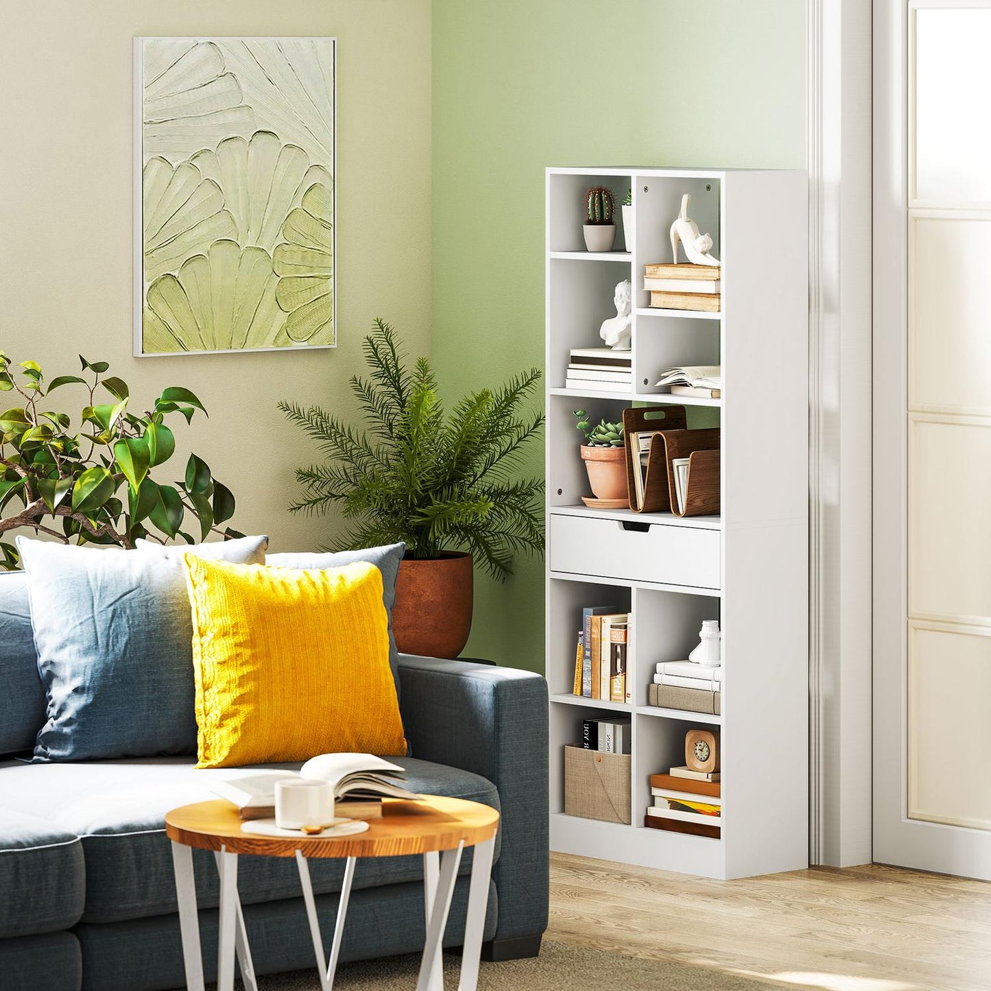 White 9-shelf bookcase with drawer and anti-tilt safety