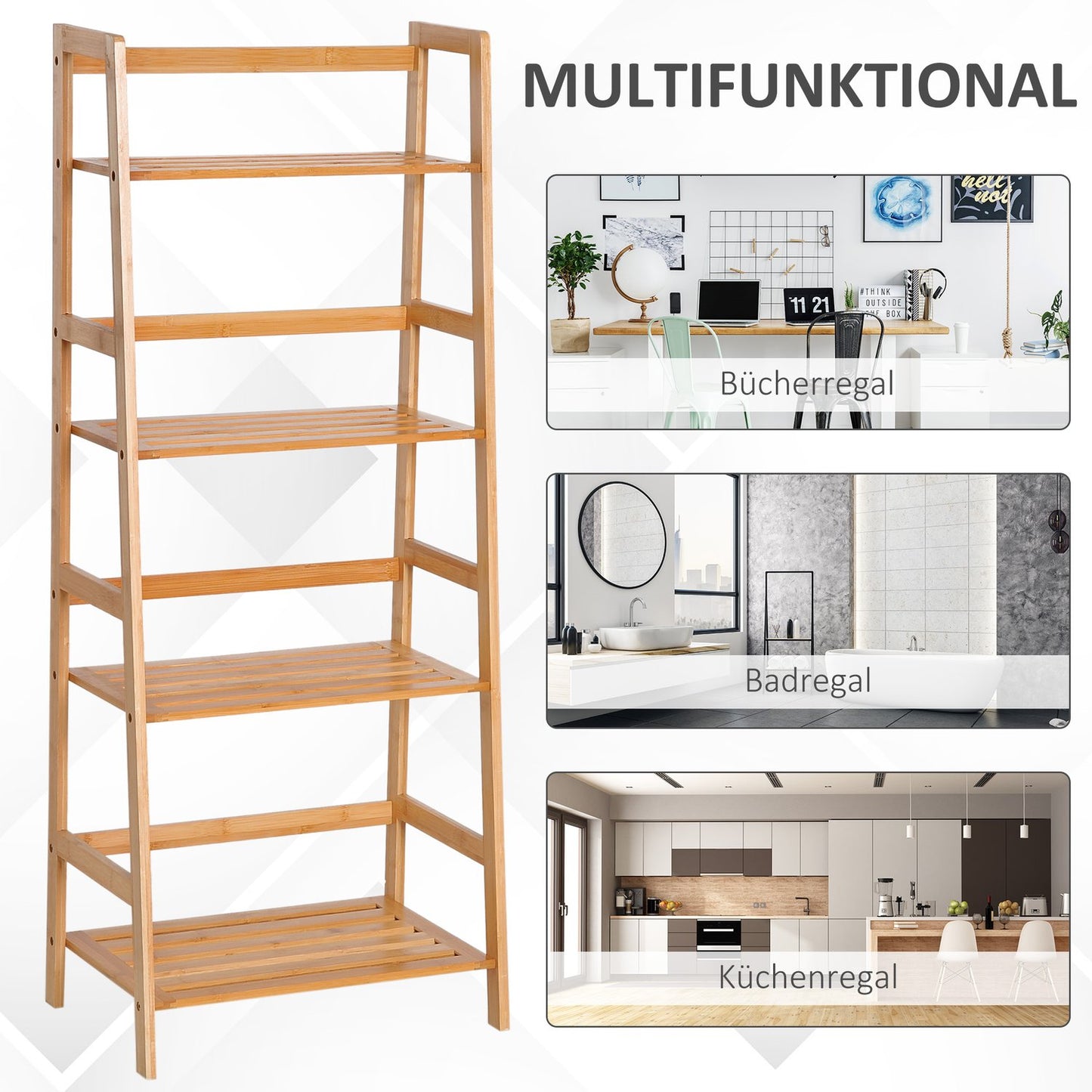 Bamboo bookcase, 4-layer storage for living room and office