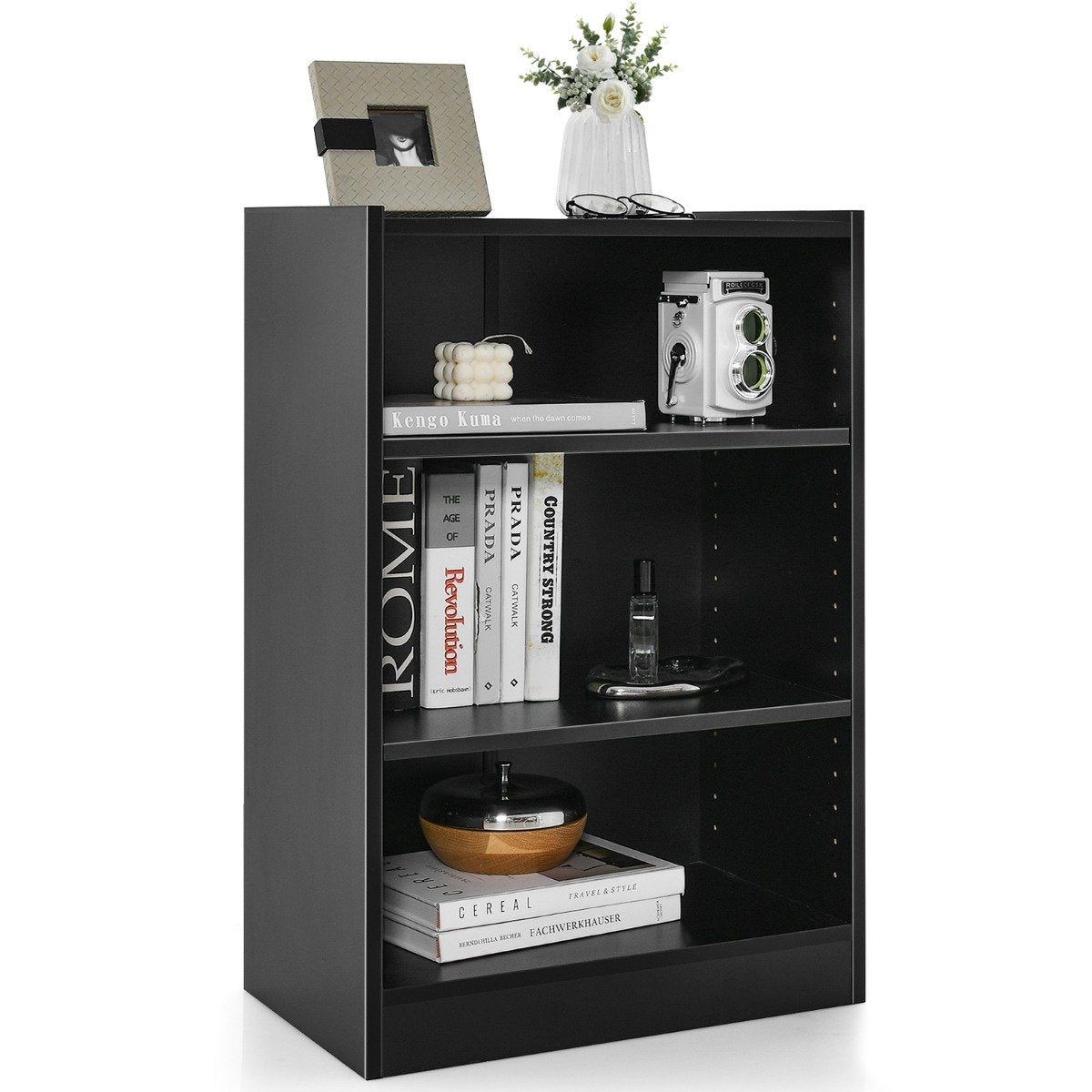Bookshelf with 3 Adjustable Shelves, Black, 50x30x75 cm