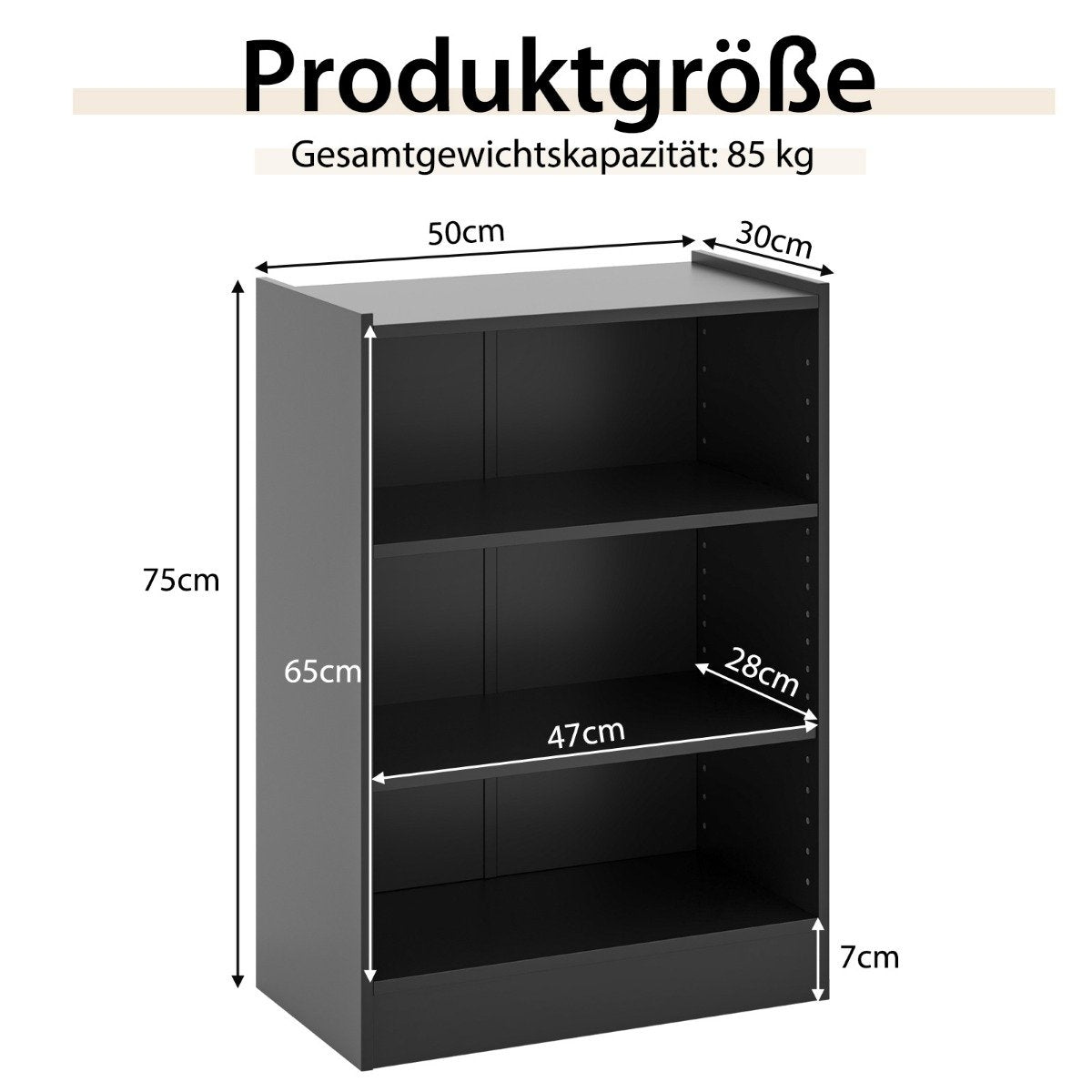 Bookshelf with 3 Adjustable Shelves, Black, 50x30x75 cm