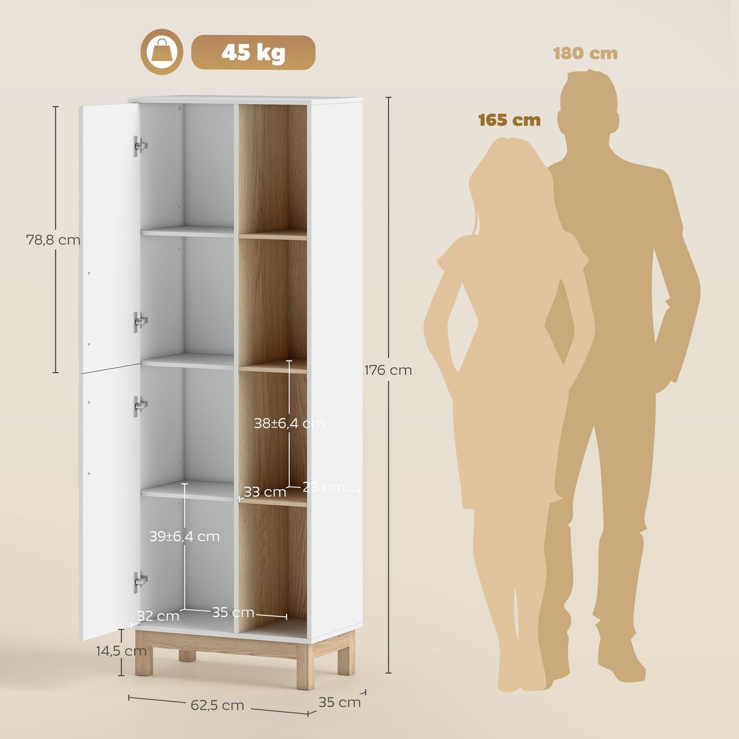 Bookshelf with 4 Shelves and 2 Cabinets, MDF, White, 176 cm