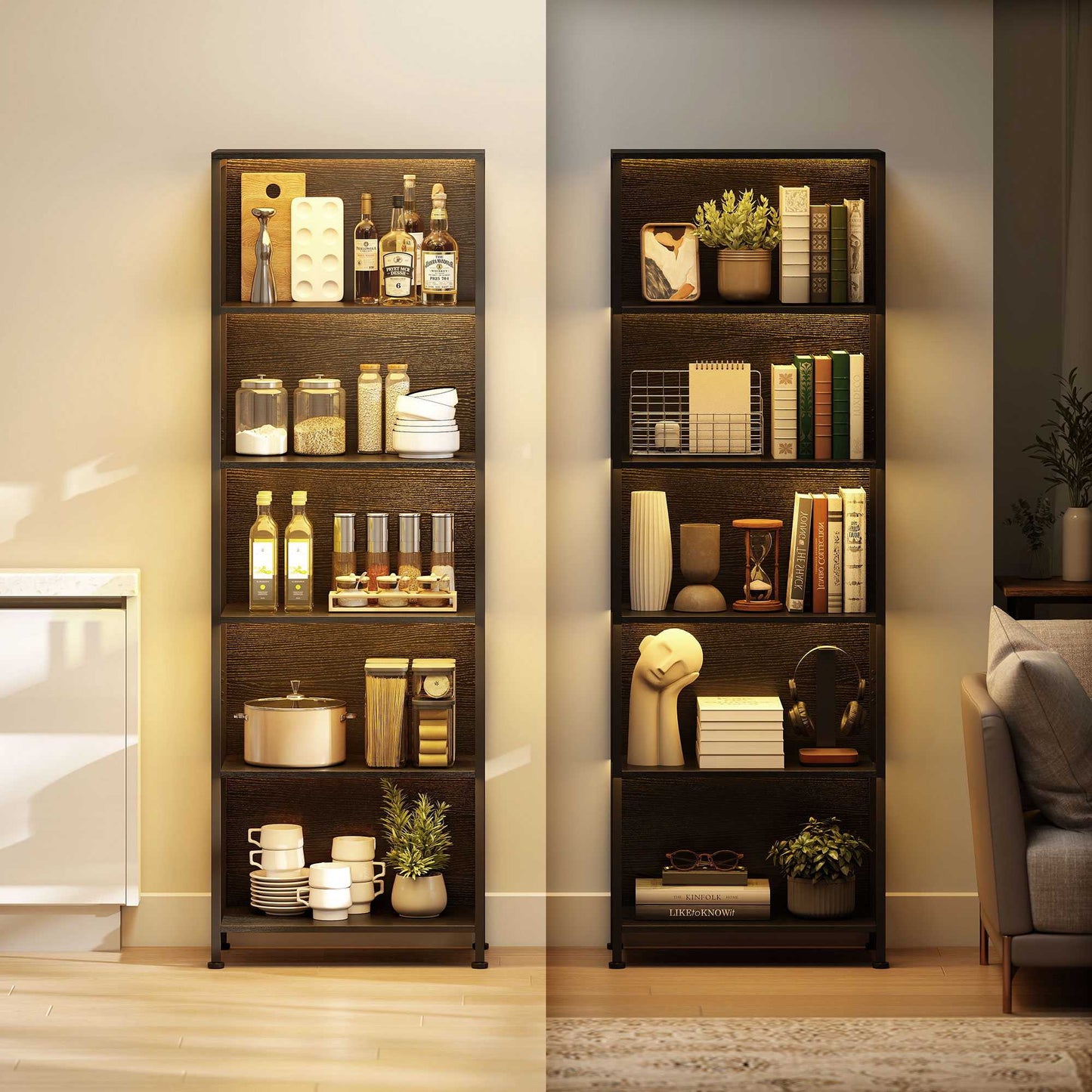 Bookshelf with 5 Shelves, LED Lighting, 7 Colors, Black