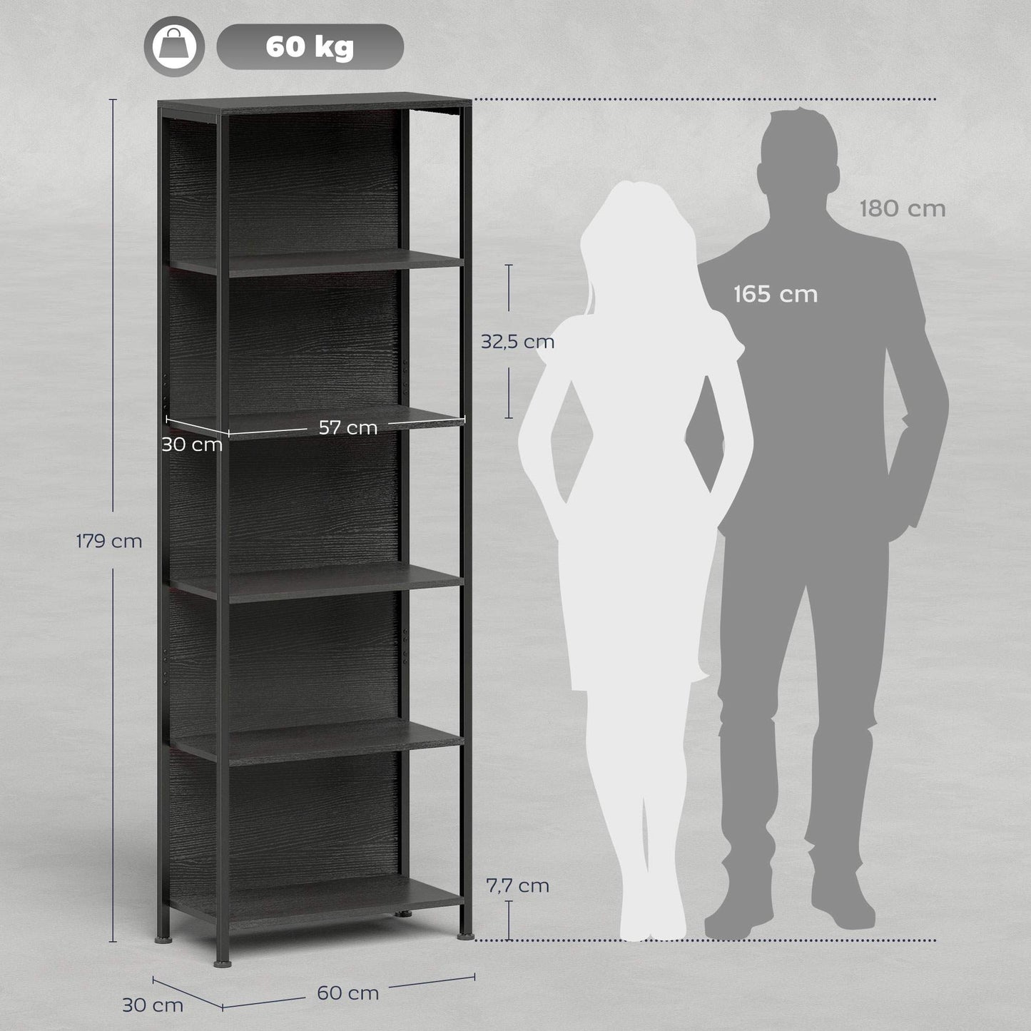 Bookshelf with 5 Shelves, LED Lighting, 7 Colors, Black