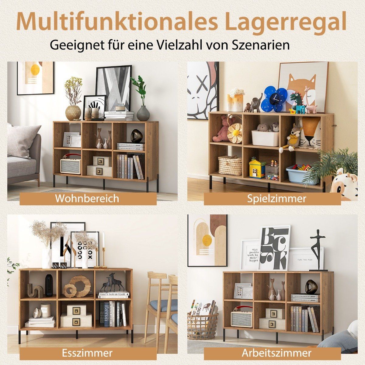 Bookshelf with 6 Compartments & Raised Metal Legs & Adjustable Shelves Storage Shelf Natural