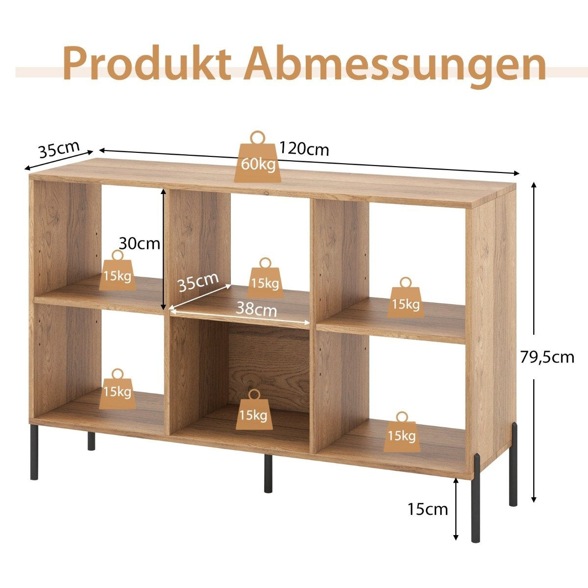 Bookshelf with 6 Compartments & Raised Metal Legs & Adjustable Shelves Storage Shelf Natural