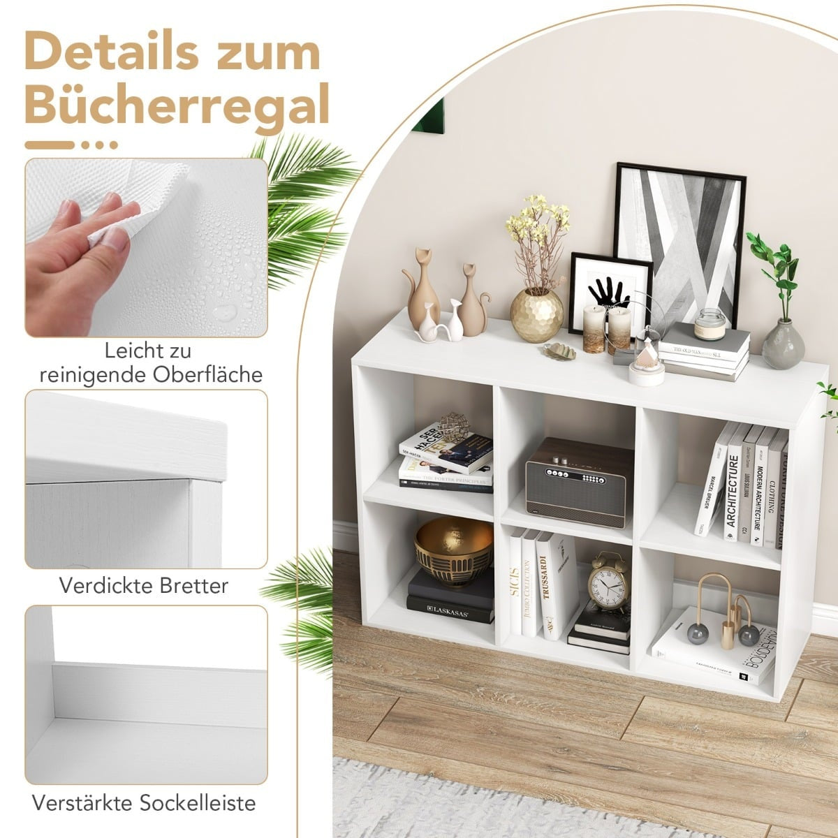 Bookshelf with 6 Open Shelves, White, Space-Saving Design