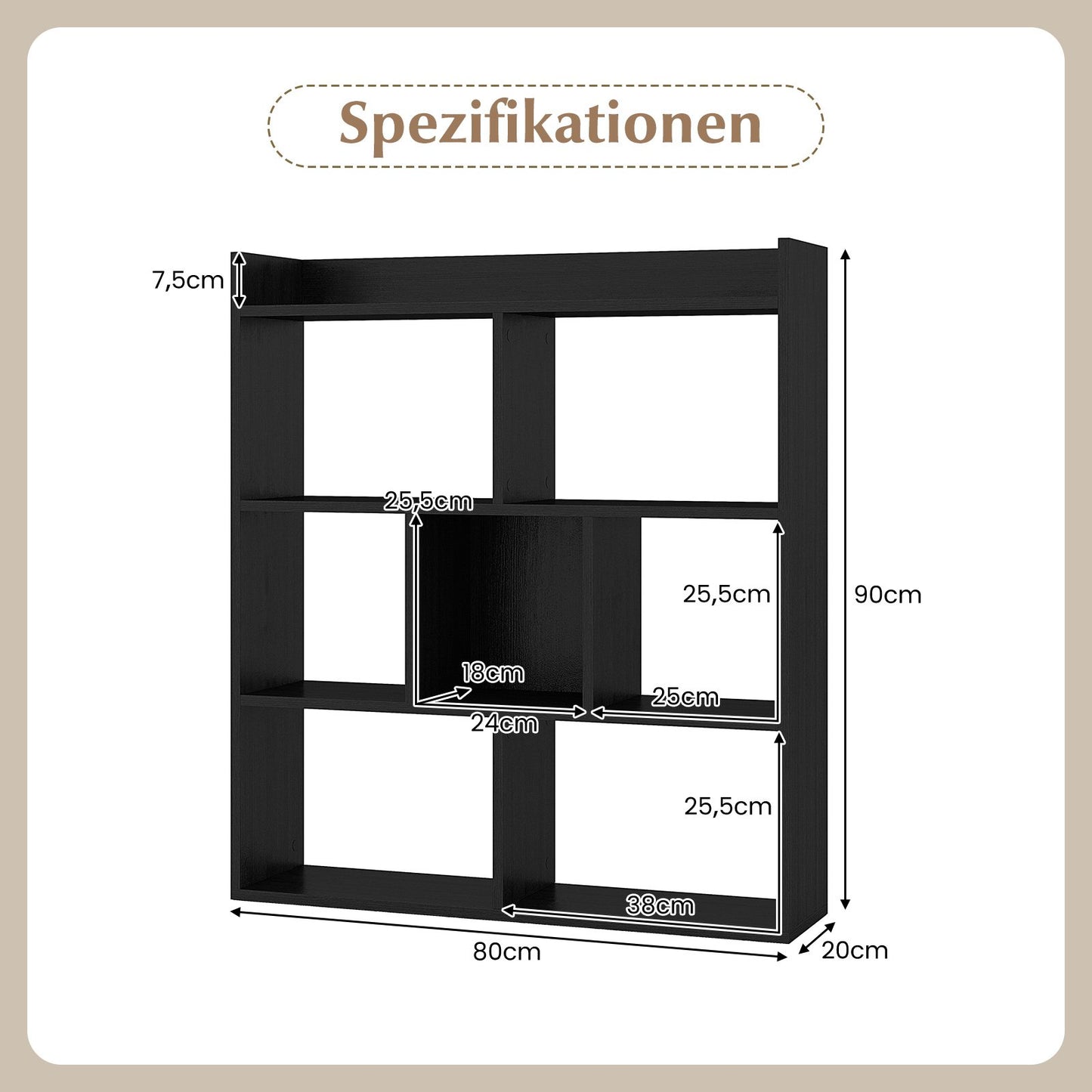 Bookshelf with 7 Cubes, 80x20x90 cm, Black