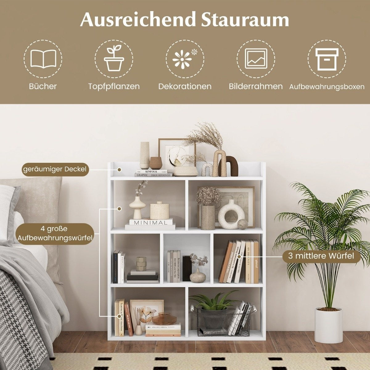 Bookshelf with 7 Cubes, Open Back, 80x20x90 cm, White