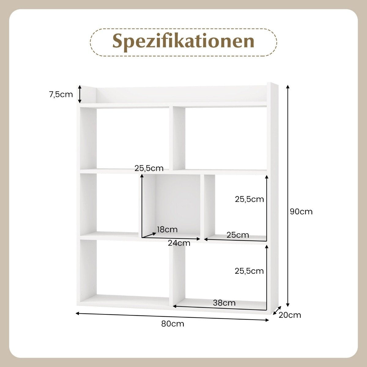 Bookshelf with 7 Cubes, Open Back, 80x20x90 cm, White