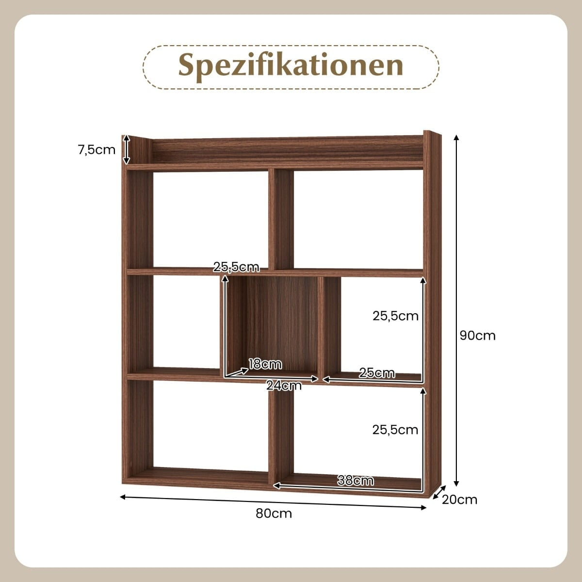 Bookshelf with 7 Cubes, Open Back, Walnut Finish, 80x20x90 cm