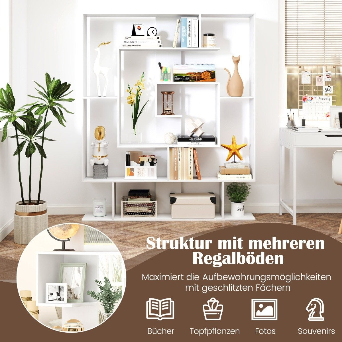 Bookshelf with 7 Tiers – Geometric Design, White