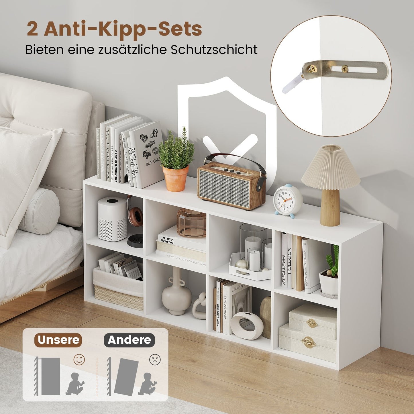 Bookshelf with 8 Compartments, 121.5 x 29 x 61 cm, White