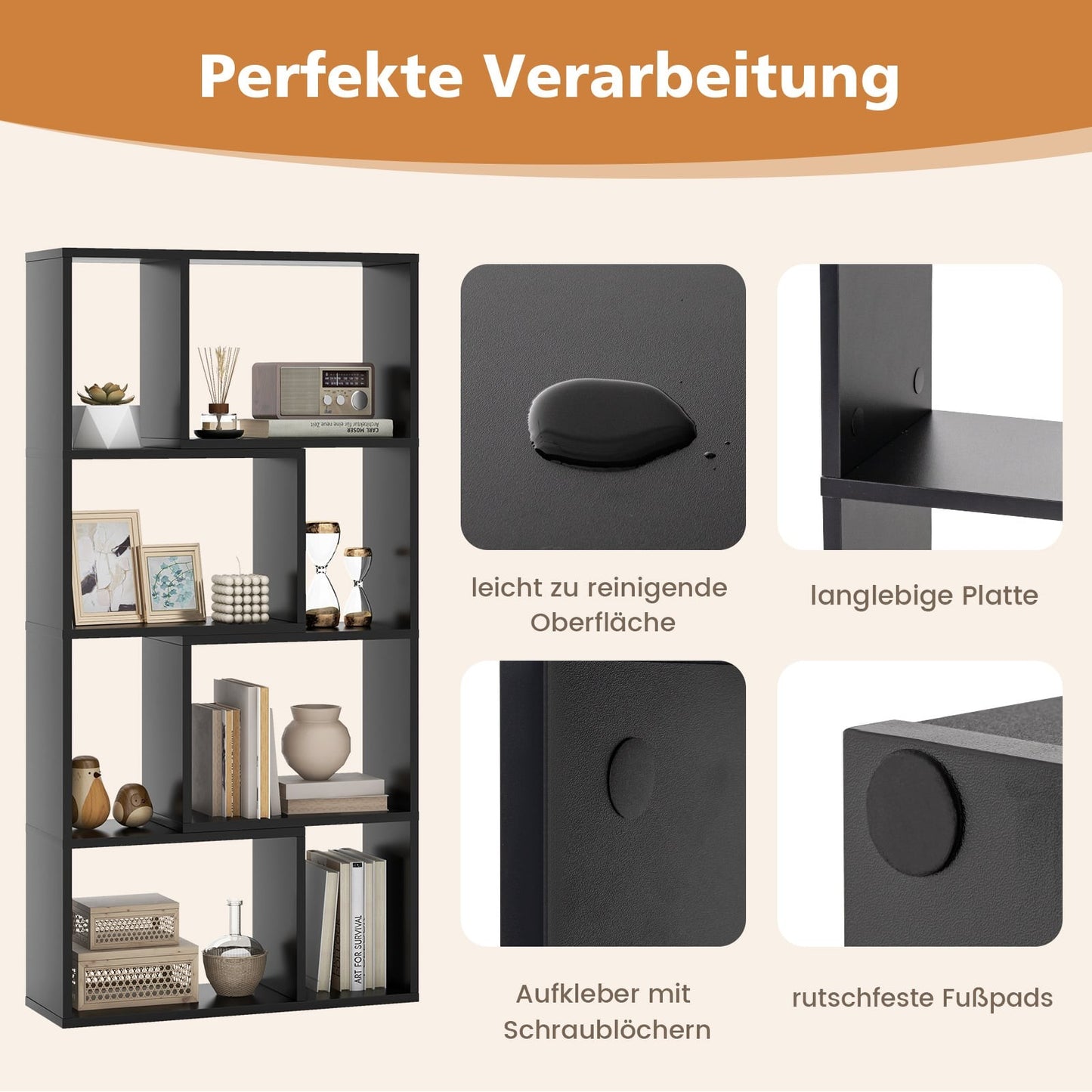 Bookshelf with 8 Compartments, 4 Tiers, 60x20x120 cm, Black