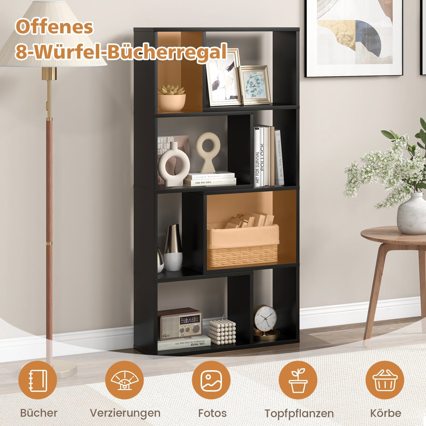 Bookshelf with 8 Compartments, 4 Tiers, 60x20x120 cm, Black