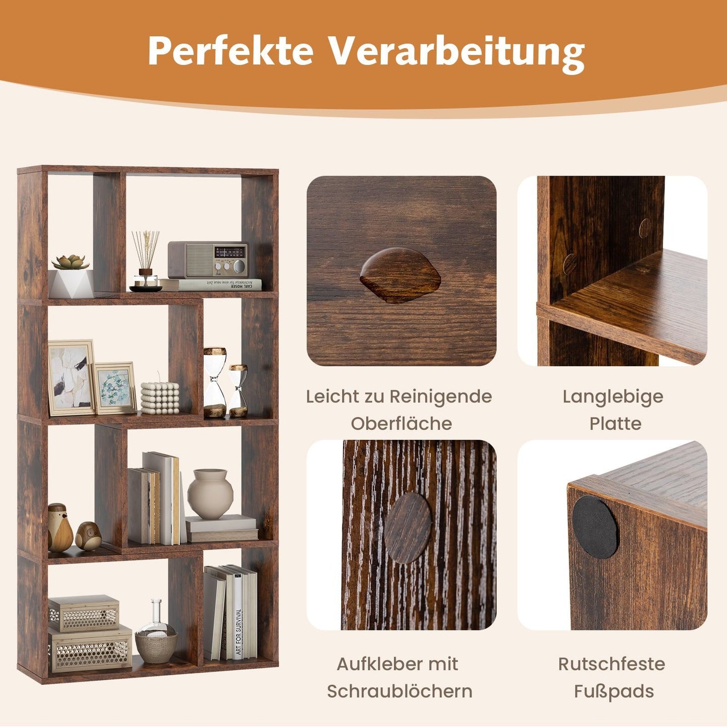 Bookshelf with 8 Cubes, 4-Tier, 60x20x120 cm, Brown