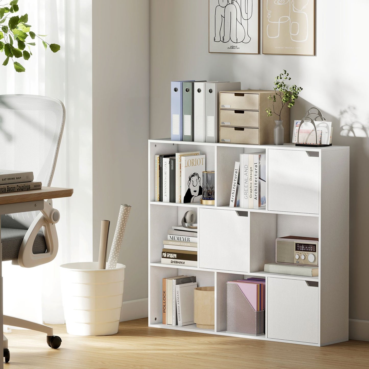 Bookshelf with 9 Cubes, 3 Doors, 6 Open Shelves, White