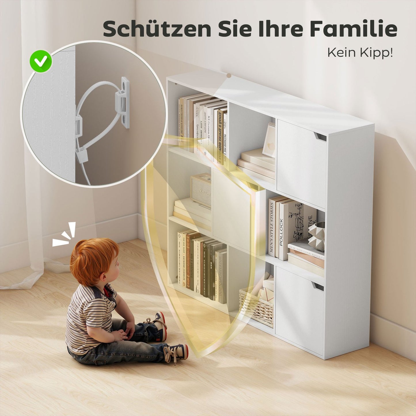 Bookshelf with 9 Cubes, 3 Doors, 6 Open Shelves, White