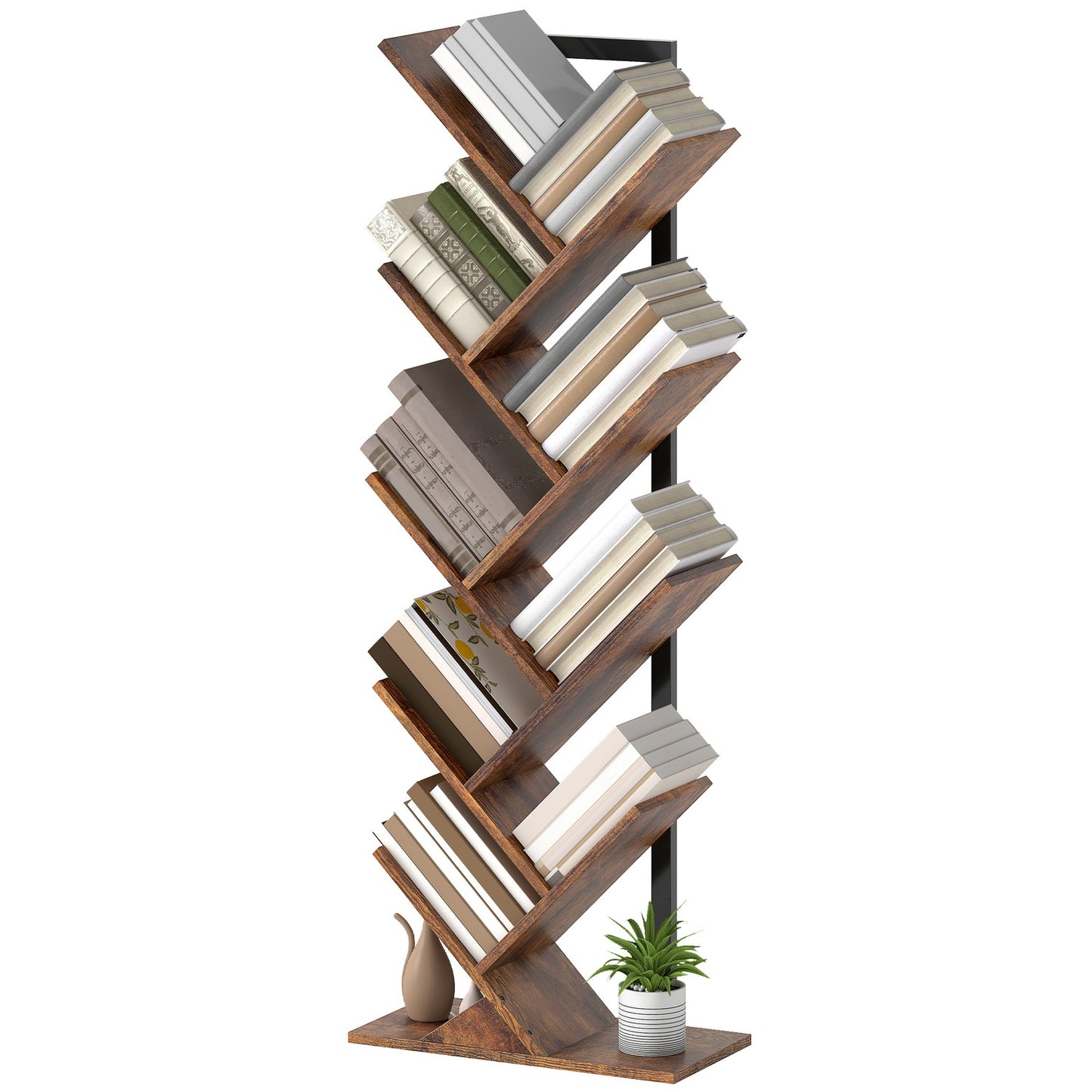 Bookshelf with 9 Tiers, Tree Design, Rustic Brown