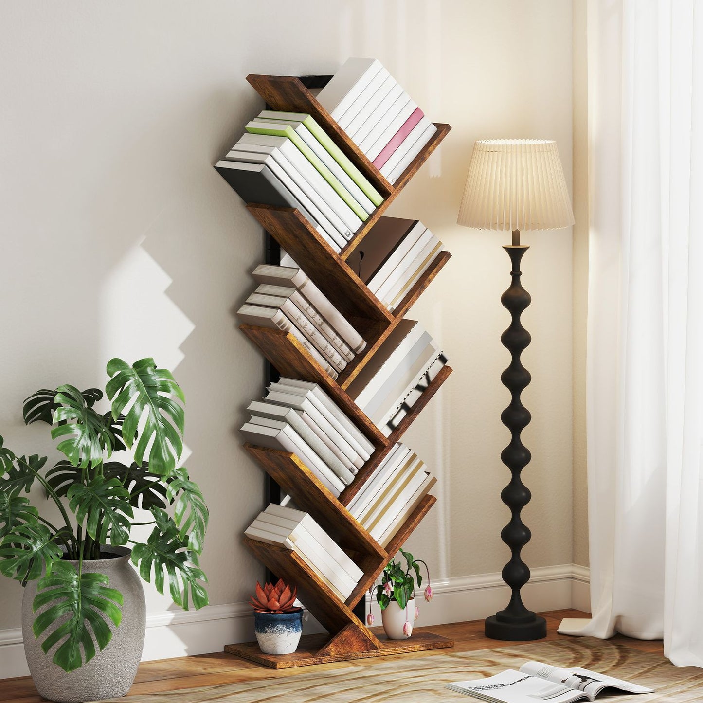 Bookshelf with 9 Tiers, Tree Design, Rustic Brown