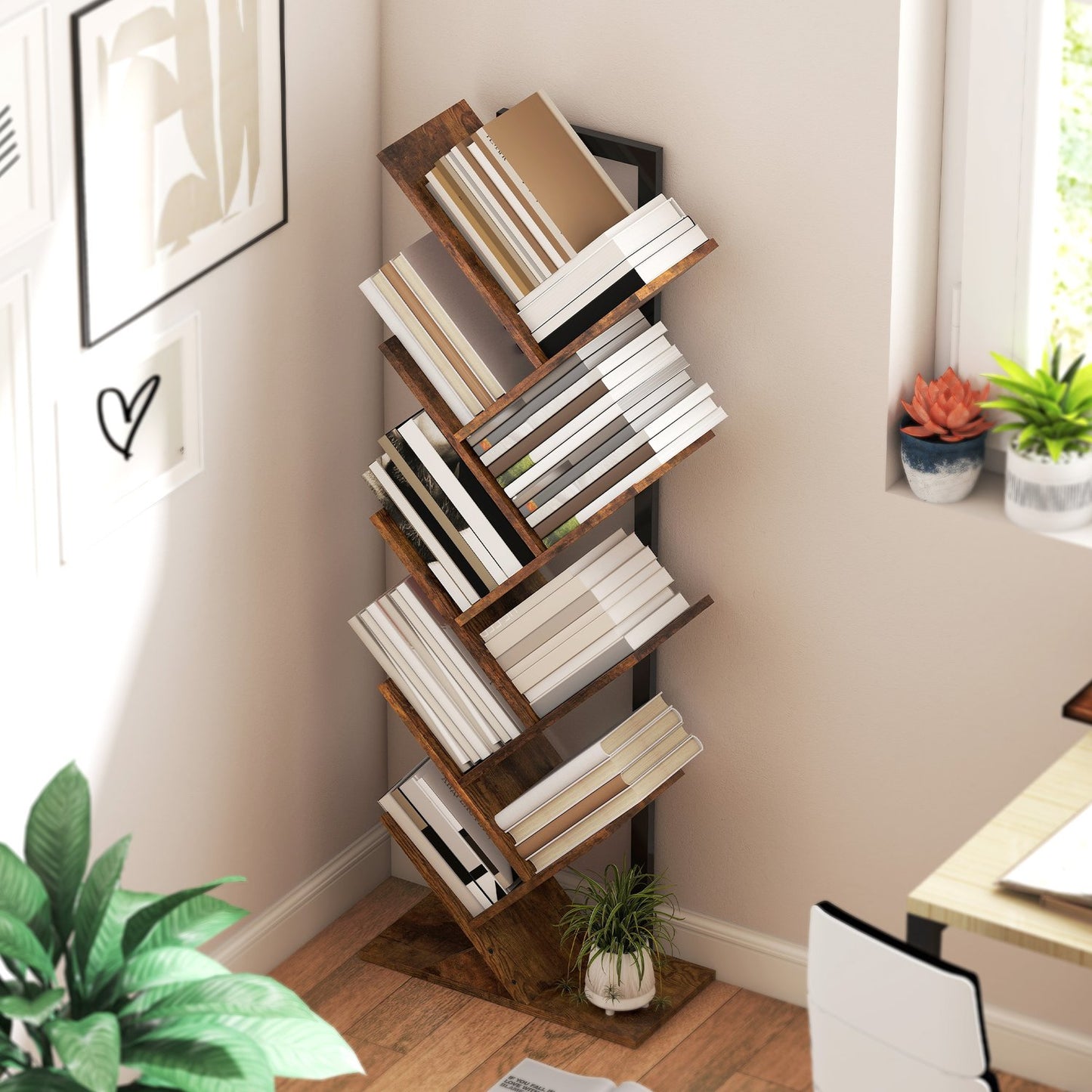 Bookshelf with 9 Tiers, Tree Design, Rustic Brown