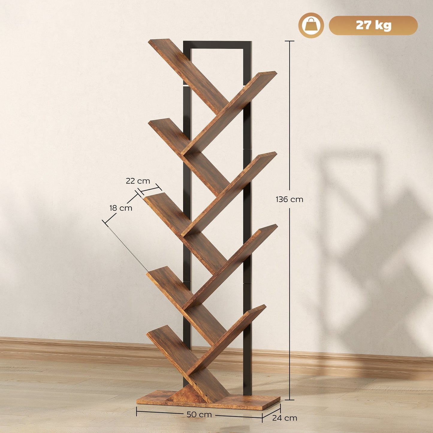 Bookshelf with 9 Tiers, Tree Design, Rustic Brown