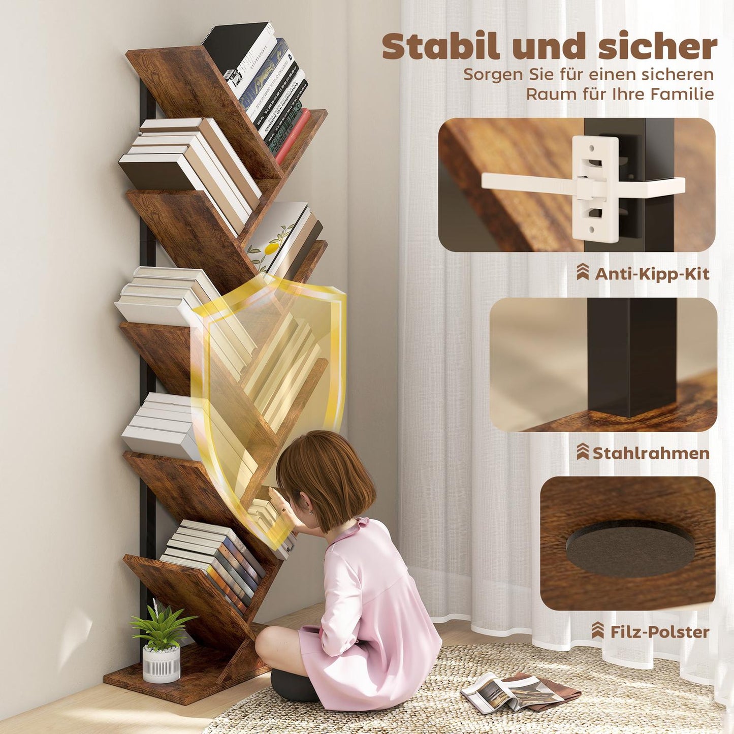 Bookshelf with 9 Tiers, Tree Design, Rustic Brown