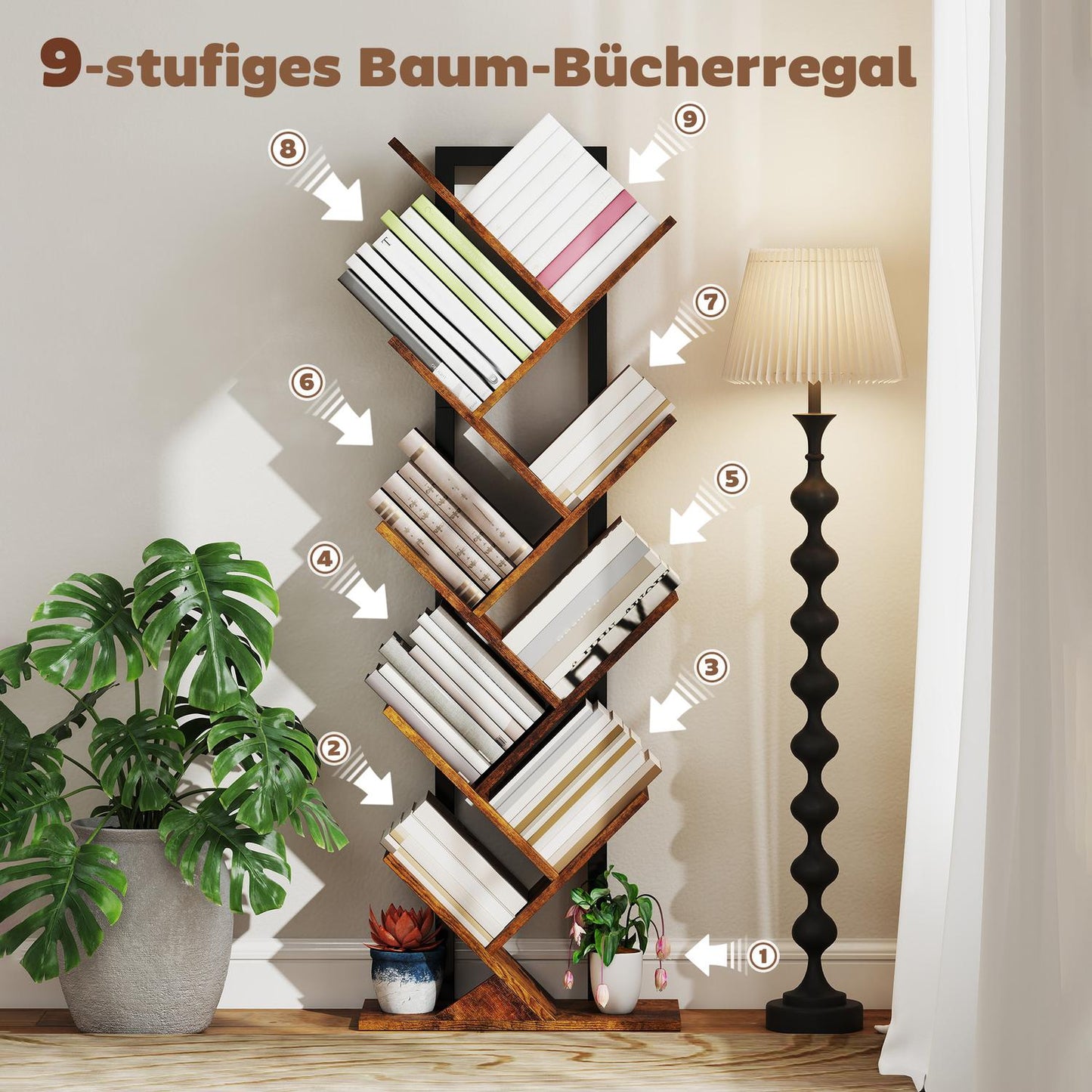 Bookshelf with 9 Tiers, Tree Design, Rustic Brown