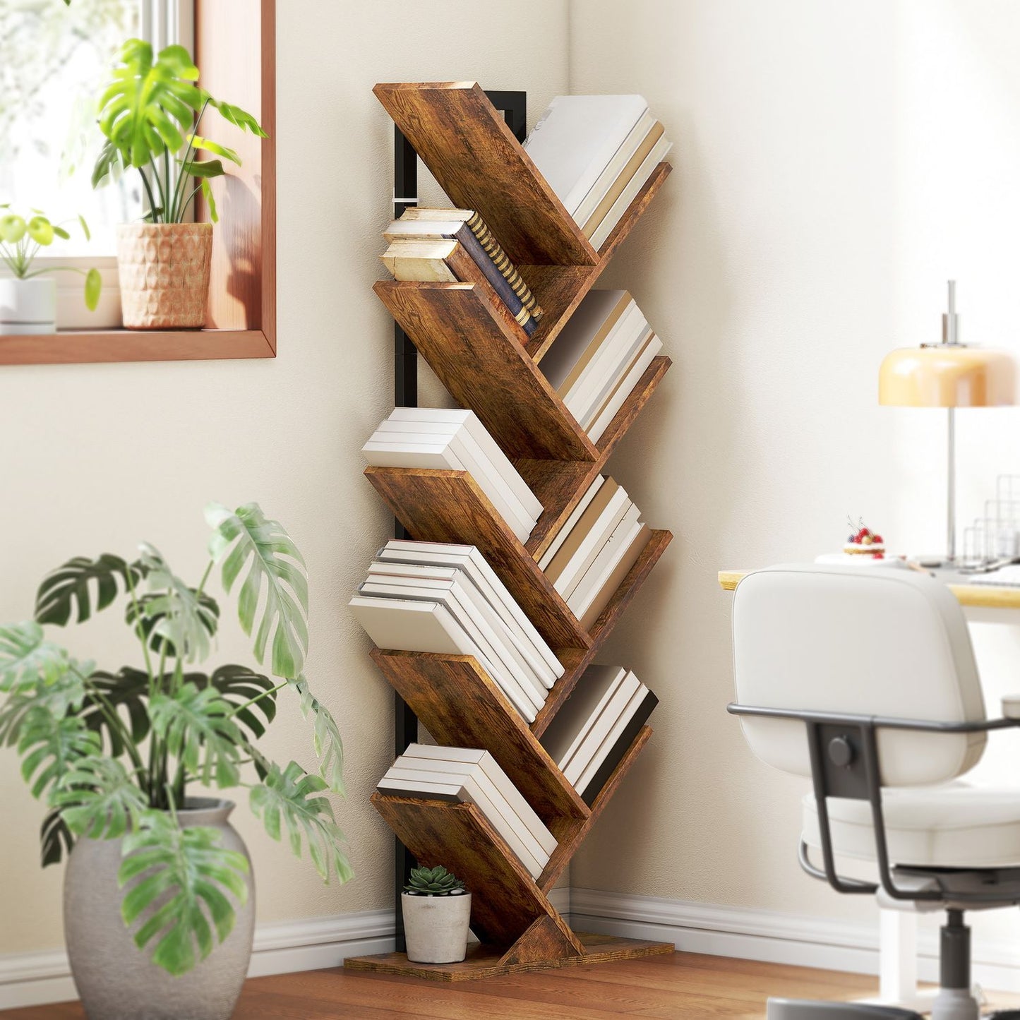 Bookshelf with 9 Tiers, Tree Design, Rustic Brown