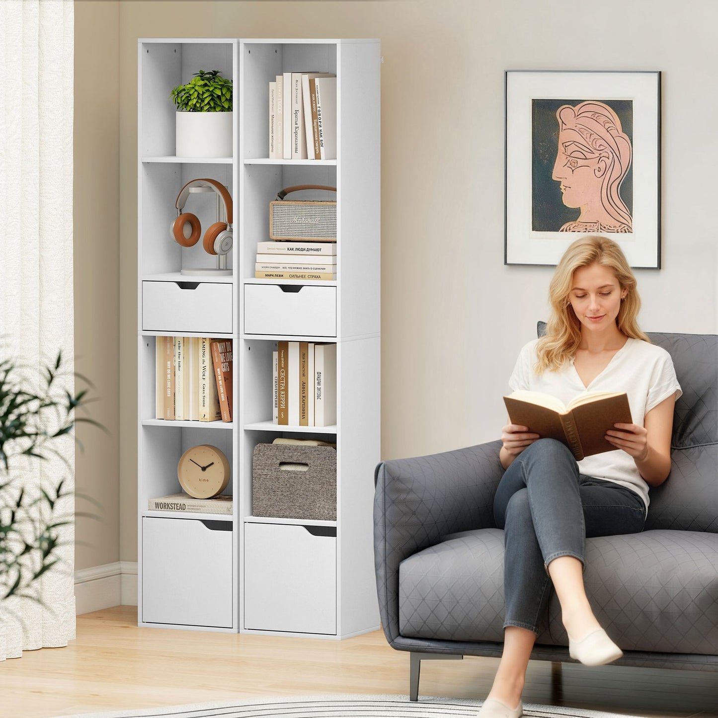 Bookshelf with Adjustable Shelves and Drawer, White