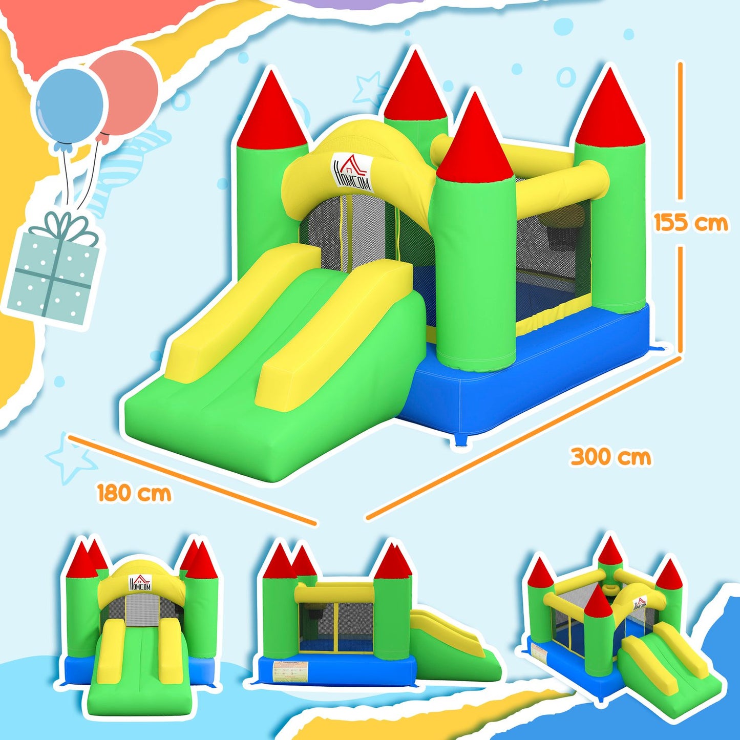 Inflatable bouncy castle for children with slide and net, 300x180x160 cm