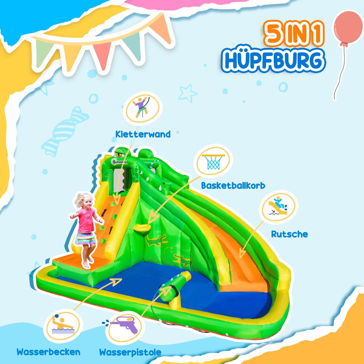 Inflatable water slide and play pool for children, 380x285x225 cm