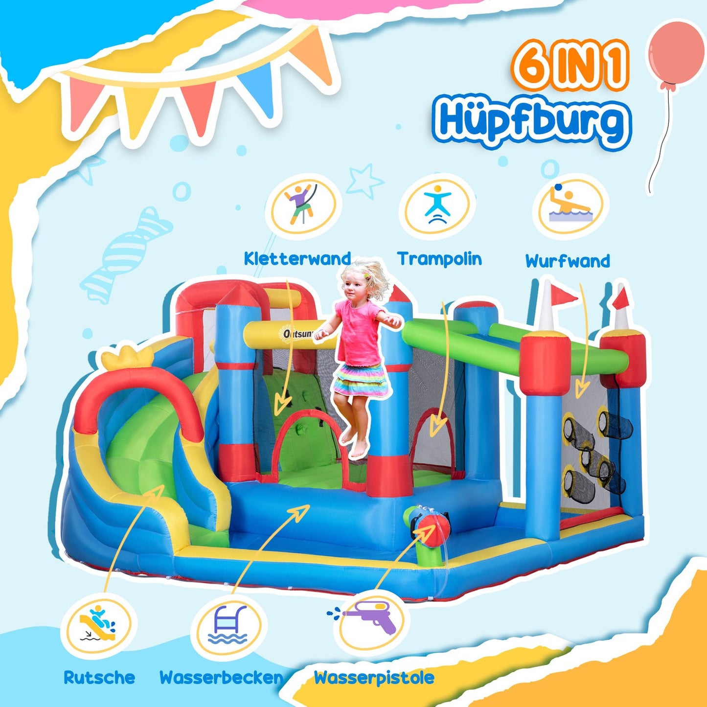 Inflatable water playground with slide and trampoline, 390x300x197 cm