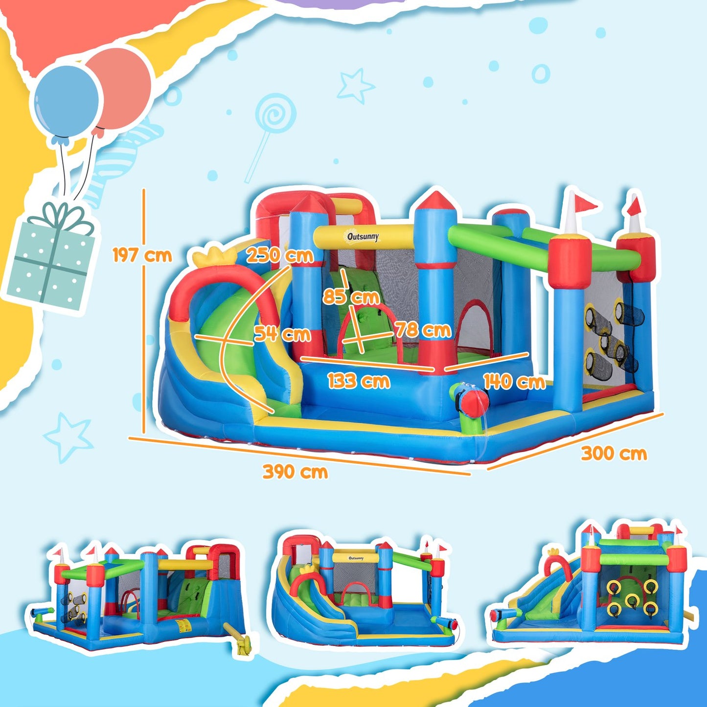 Inflatable water playground with slide and trampoline, 390x300x197 cm