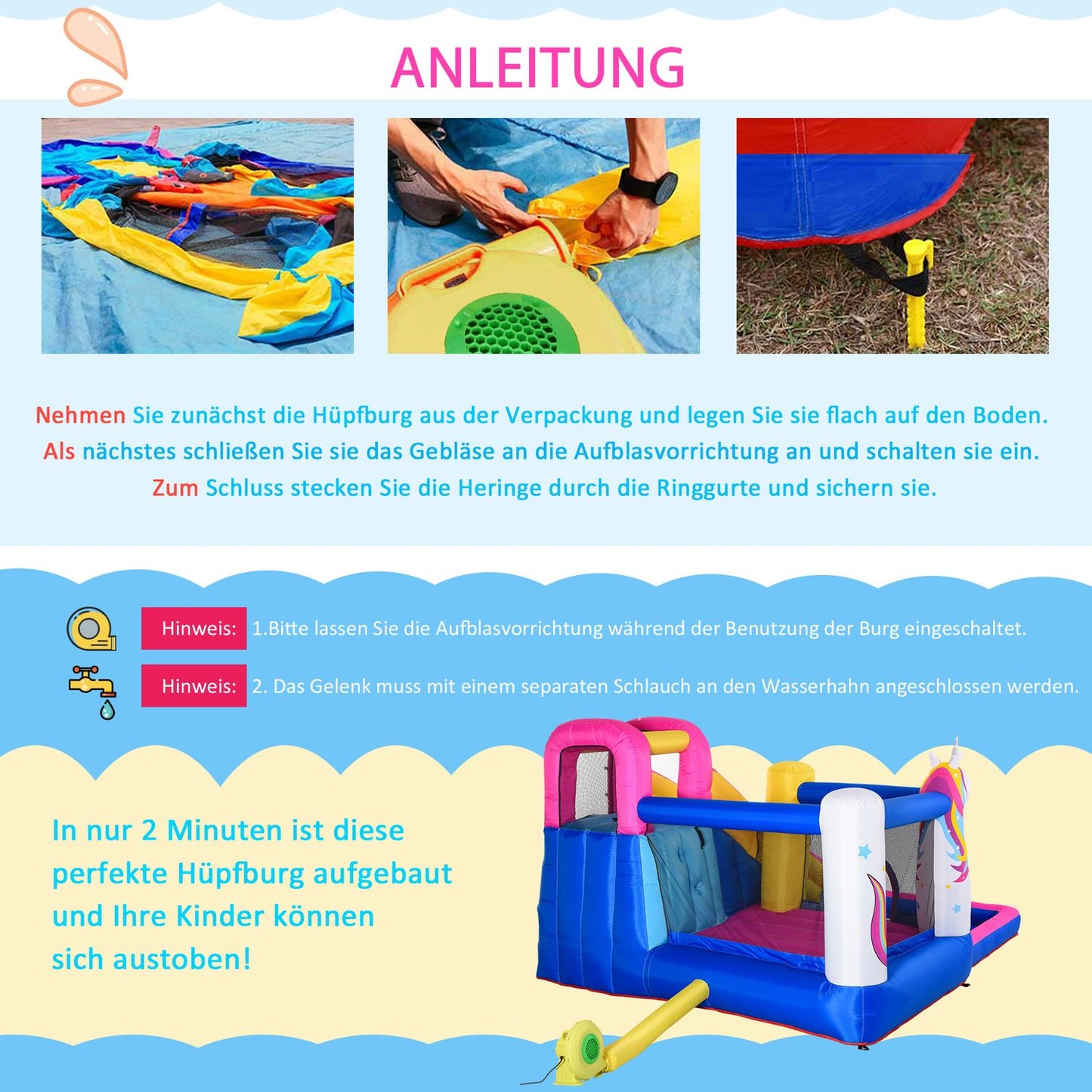 Inflatable bouncy castle with slide and pool for children aged 3-8