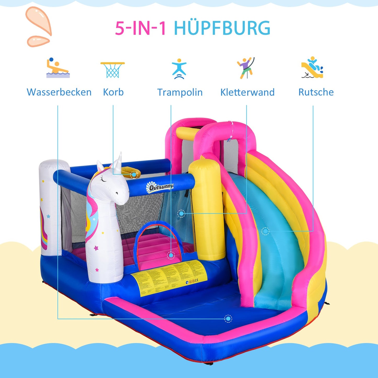 Inflatable bouncy castle with slide and pool for children aged 3-8