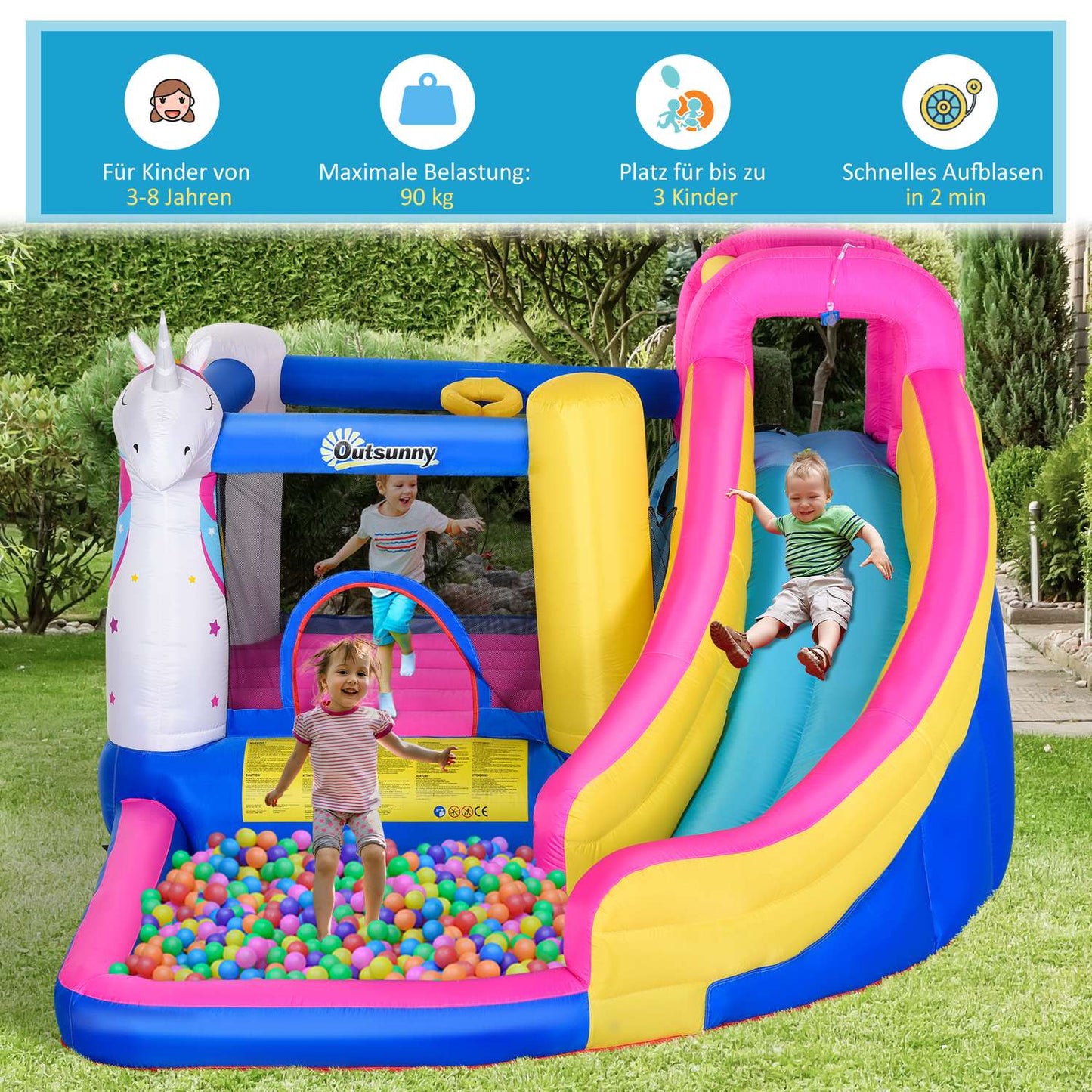 Inflatable bouncy castle with slide and pool for children aged 3-8