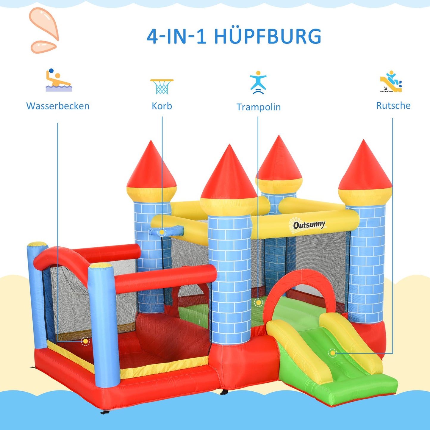 Inflatable bouncy castle with slide and pool for children 3-8