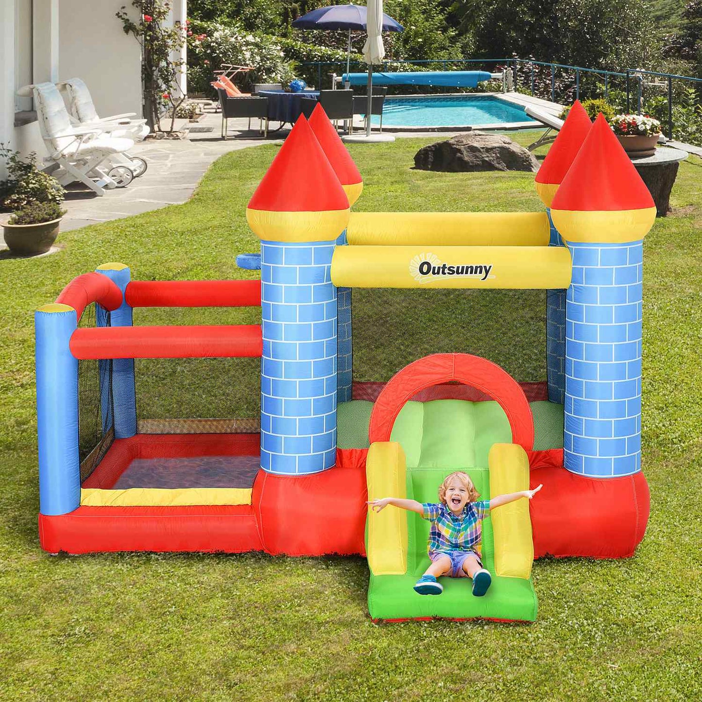 Inflatable bouncy castle with slide and pool for children 3-8