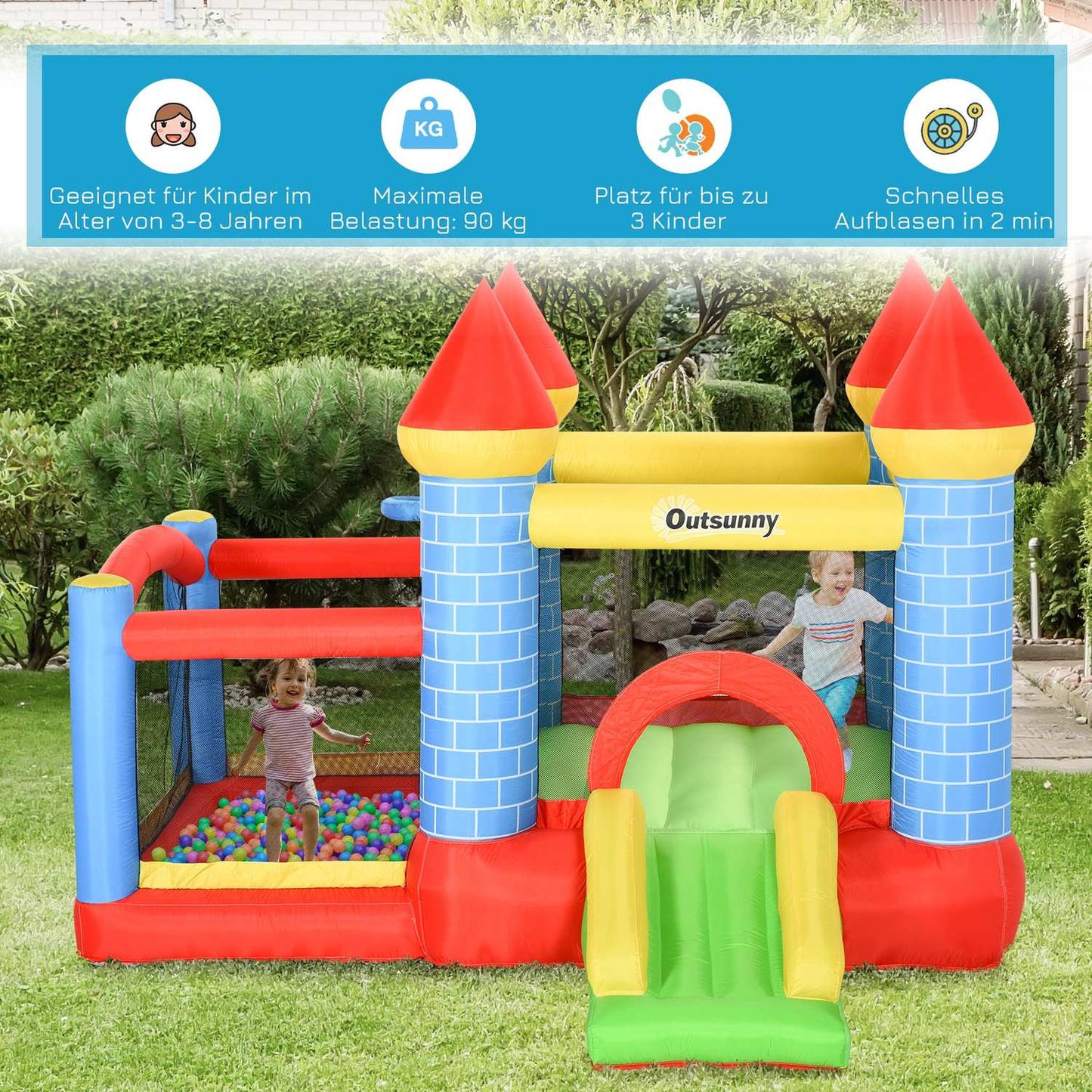 Inflatable bouncy castle with slide and pool for children 3-8