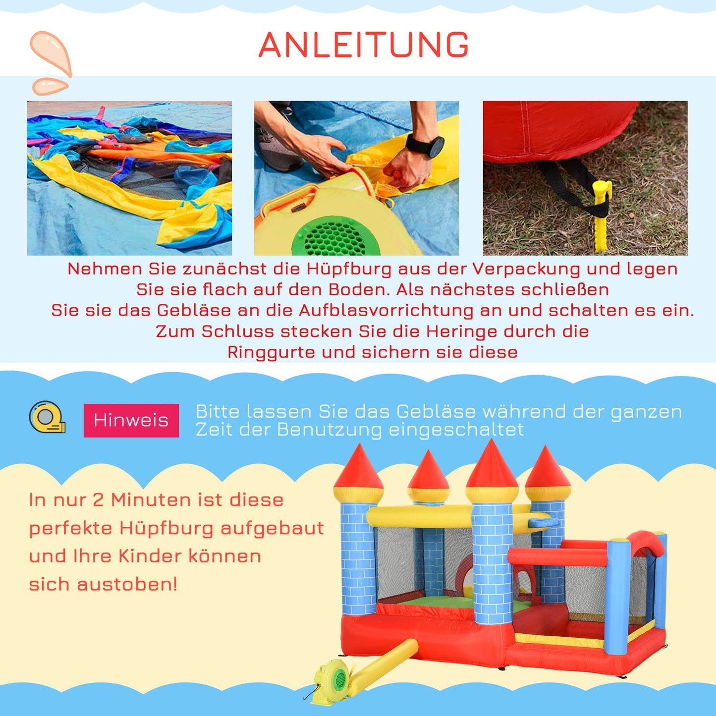 Inflatable bouncy castle with slide and pool for children 3-8