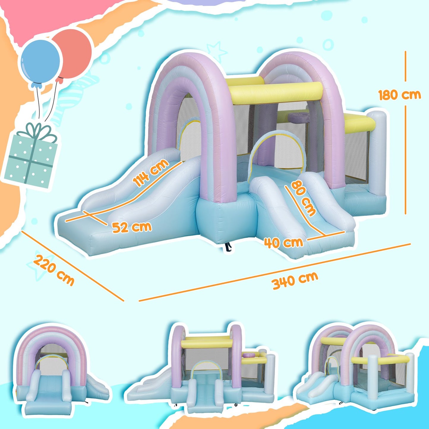 Inflatable bouncy castle with slide and basketball hoop for children