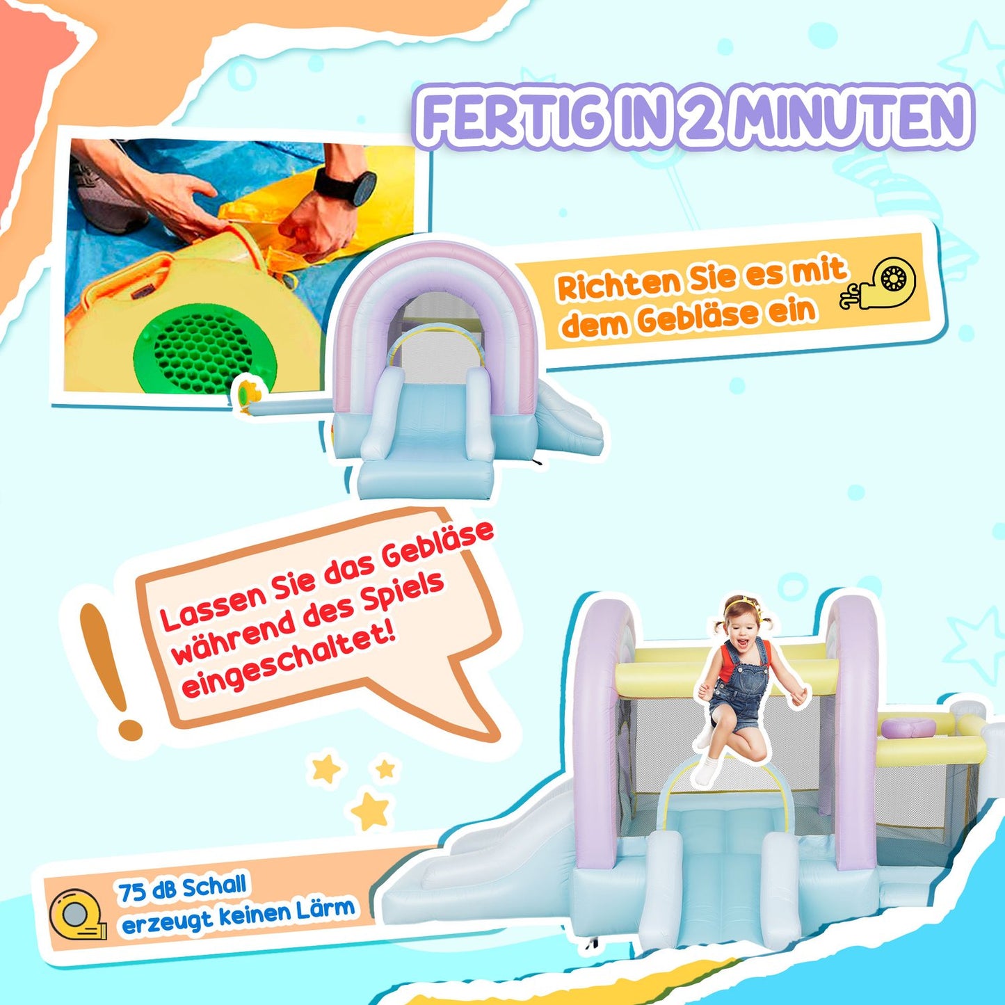 Inflatable bouncy castle with slide and basketball hoop for children